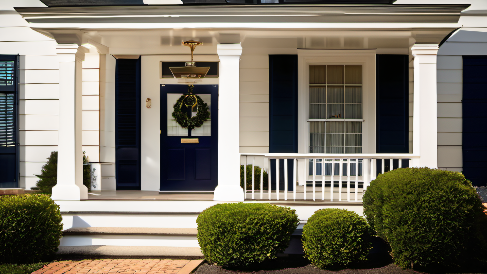 Colonial Revival front entrance with navy blue door, white columns, brass hardware, and manicured boxwood on a Dover estate