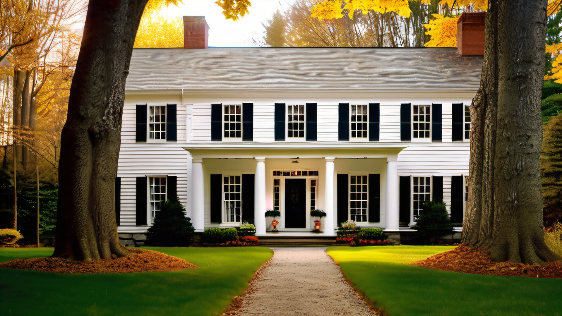 Grand white colonial estate with black shutters framed by mature trees on a Dover Massachusetts property, golden hour light
