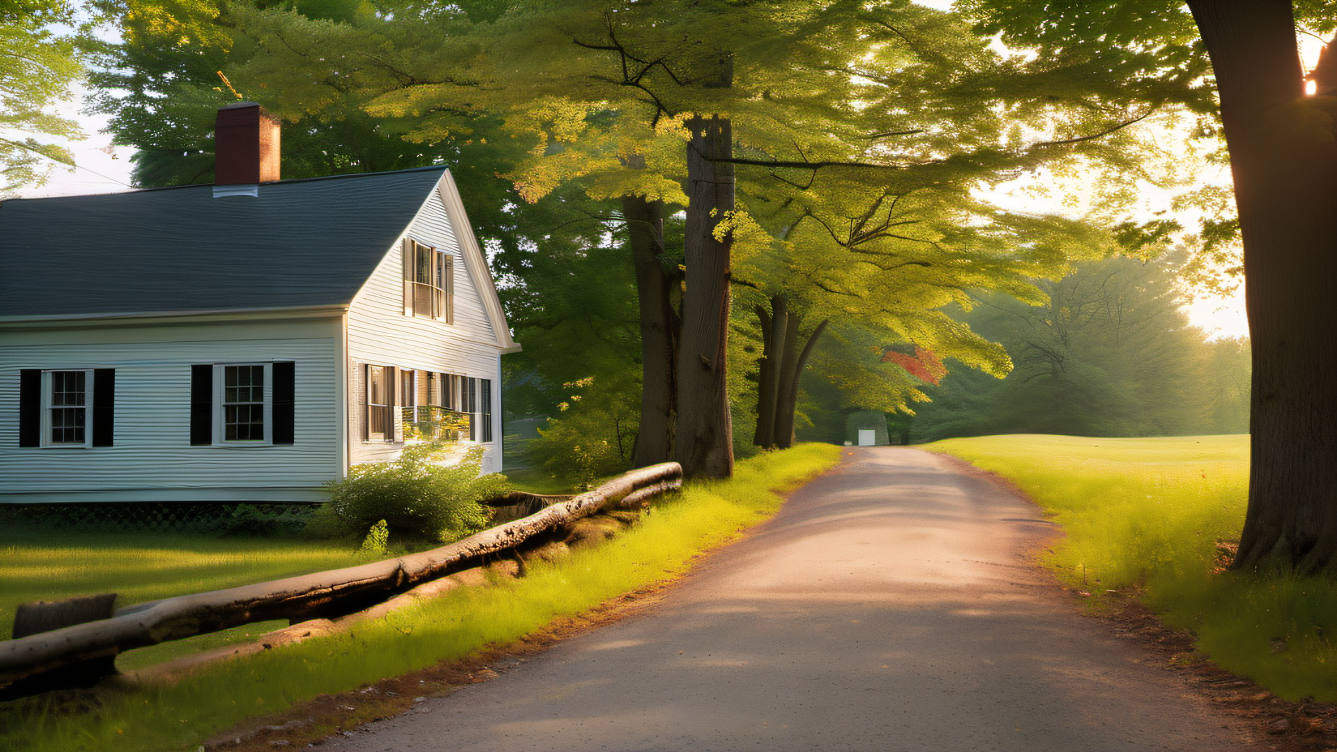 White clapboard colonial farmhouse on a tree-lined country road in Dover Massachusetts, spring foliage