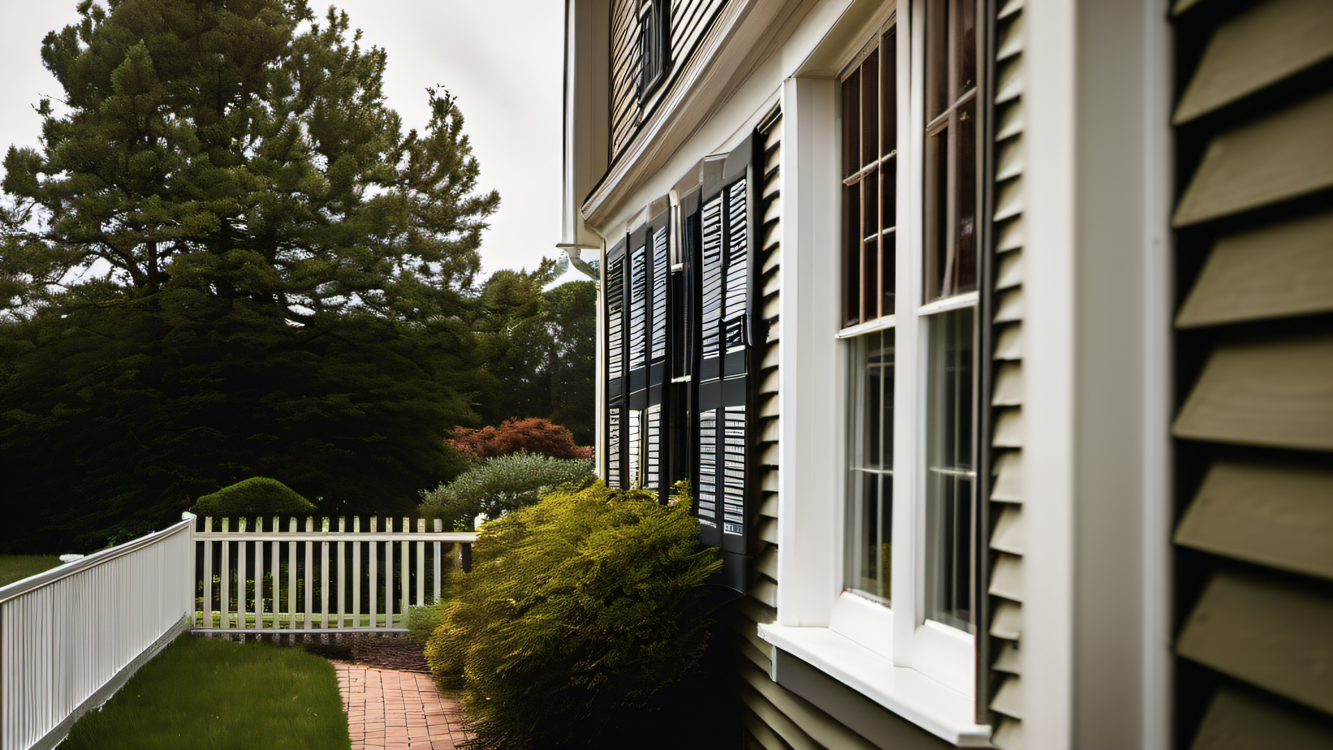 Freshly painted window trim and dark louvered shutters on a colonial clapboard home in Dover Massachusetts