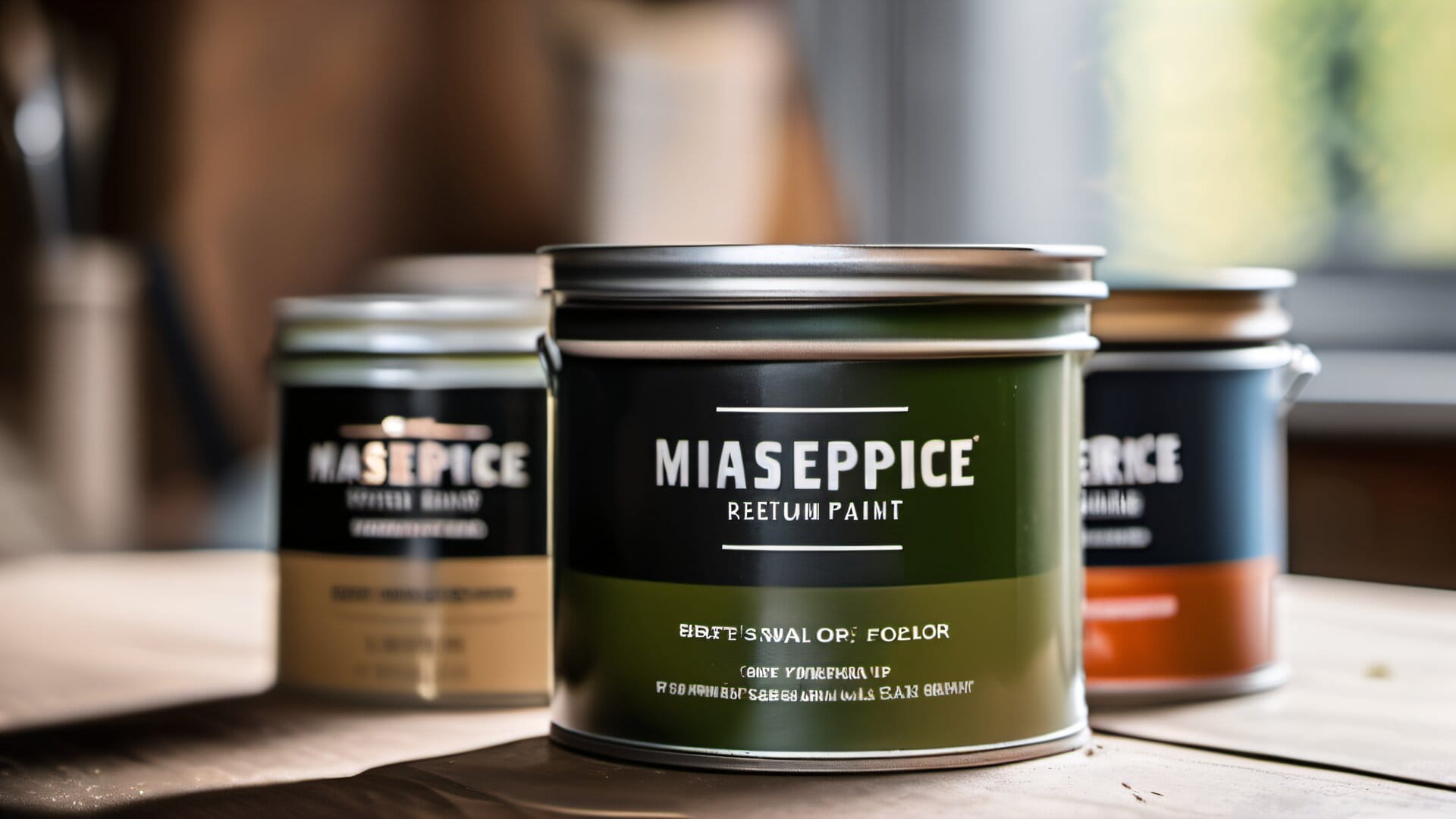 Premium exterior paint cans with rich acrylic latex pigment on a painter's workbench in warm natural light