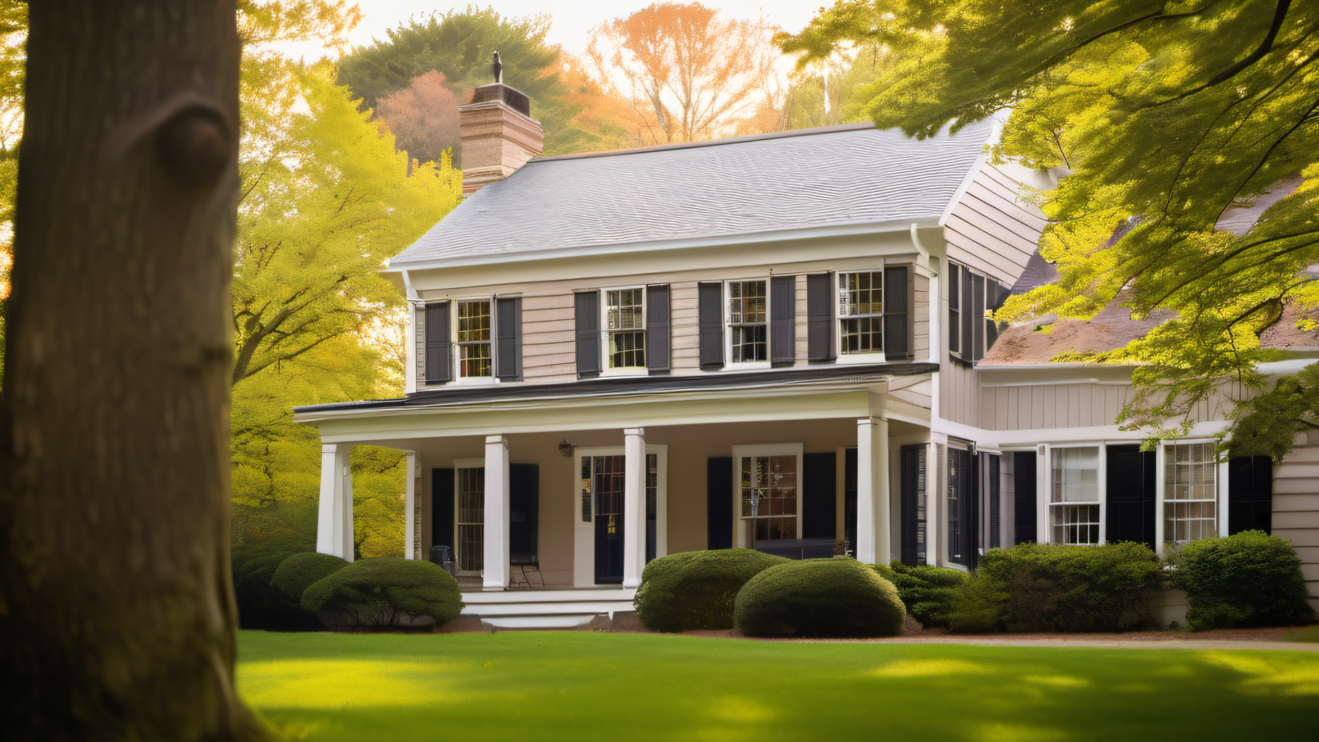 New England Colonial home with freshly painted warm greige siding, white trim, and navy shutters surrounded by mature spring trees in MetroWest Boston