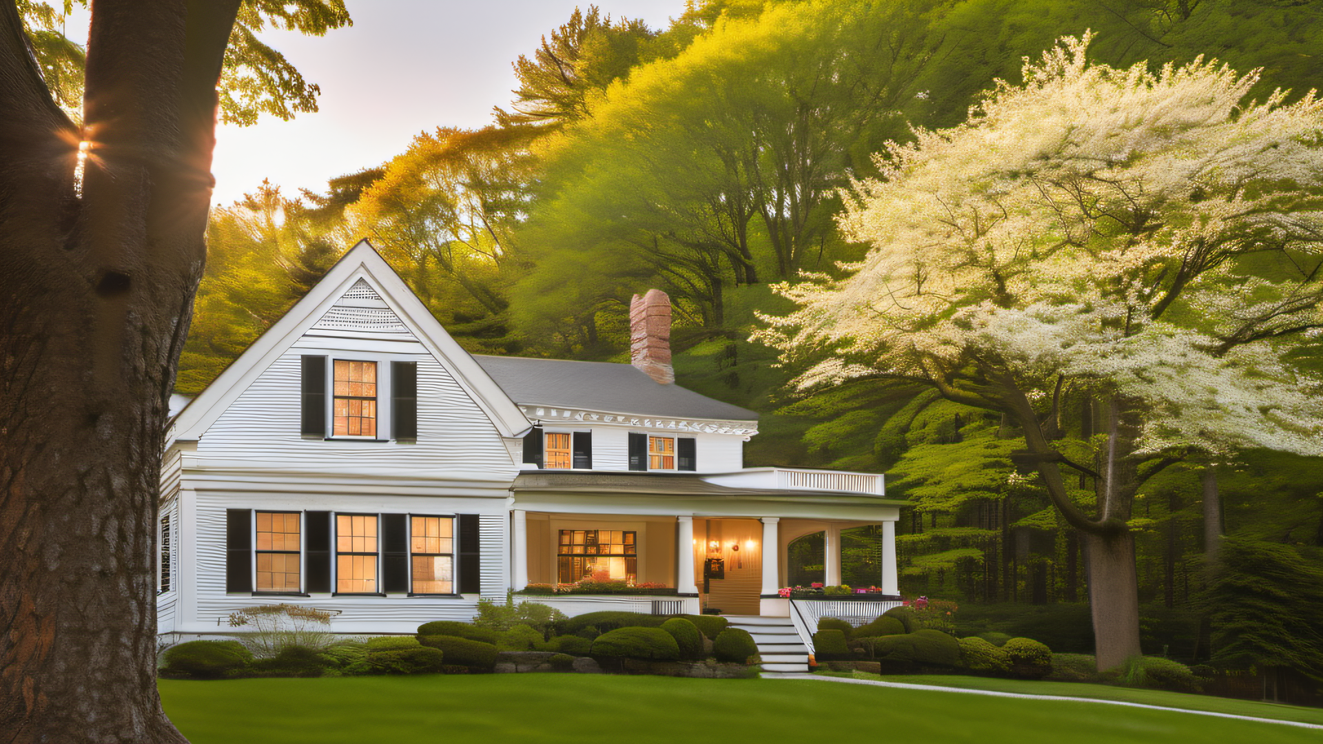 Beautiful pre-1978 white New England colonial home with spring flowering trees, historic MetroWest Boston neighborhood, afternoon golden light