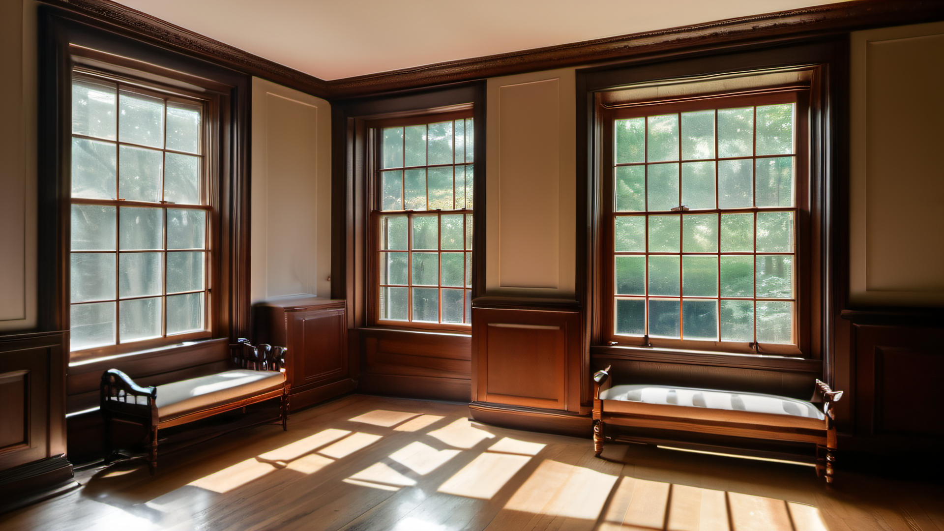 Original double-hung windows with thick wood casings in a historic New England colonial interior, afternoon light, warm neutral tones, pre-1978 home detail