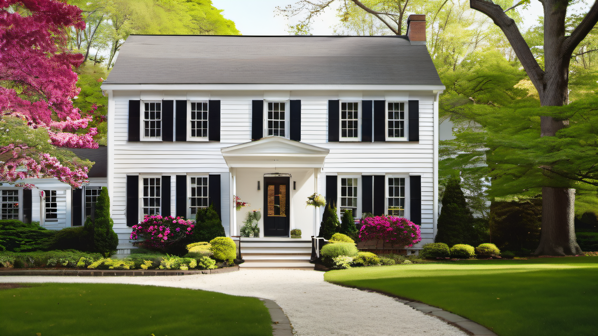 Well-maintained white colonial home built circa 1960s, black shutters, spring azaleas blooming, lush lawn, MetroWest Boston historic neighborhood