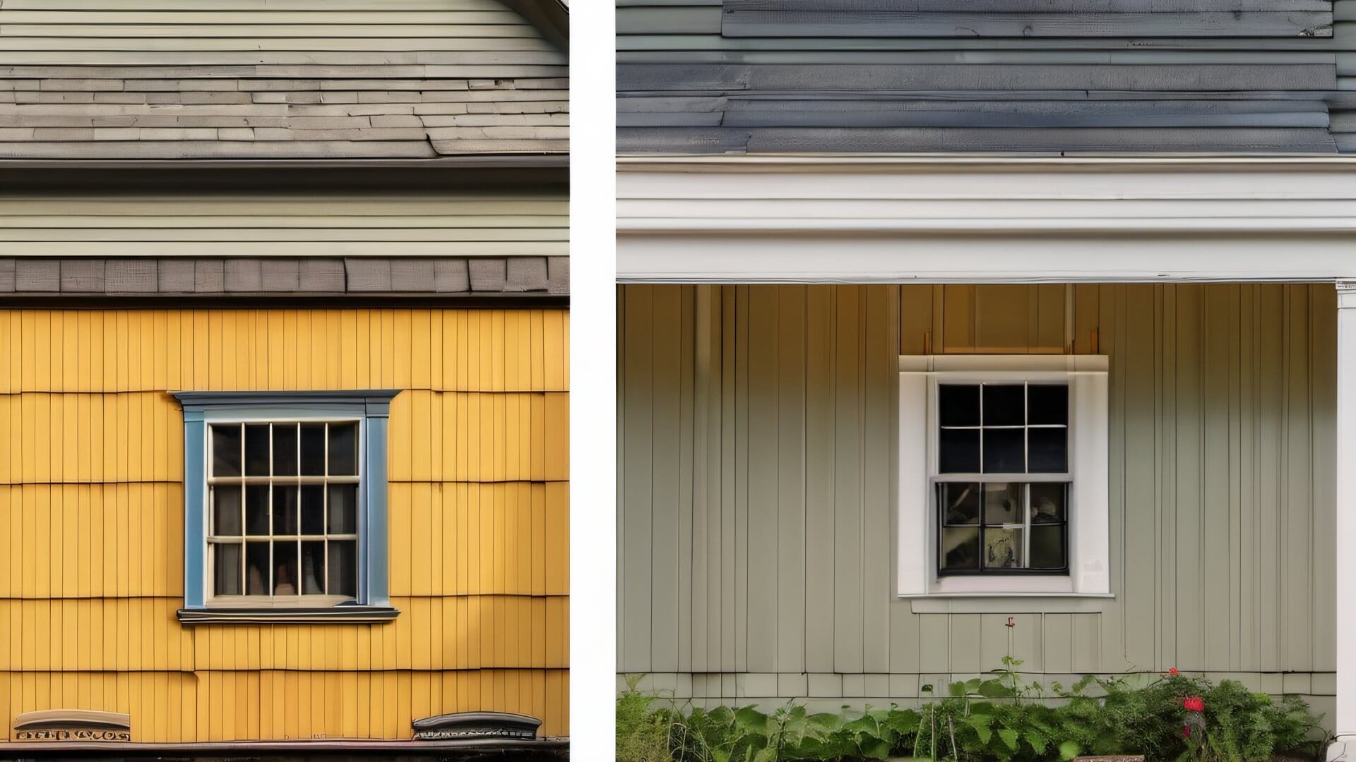 Side-by-side of weathered faded paint versus freshly applied acrylic on New England clapboard siding
