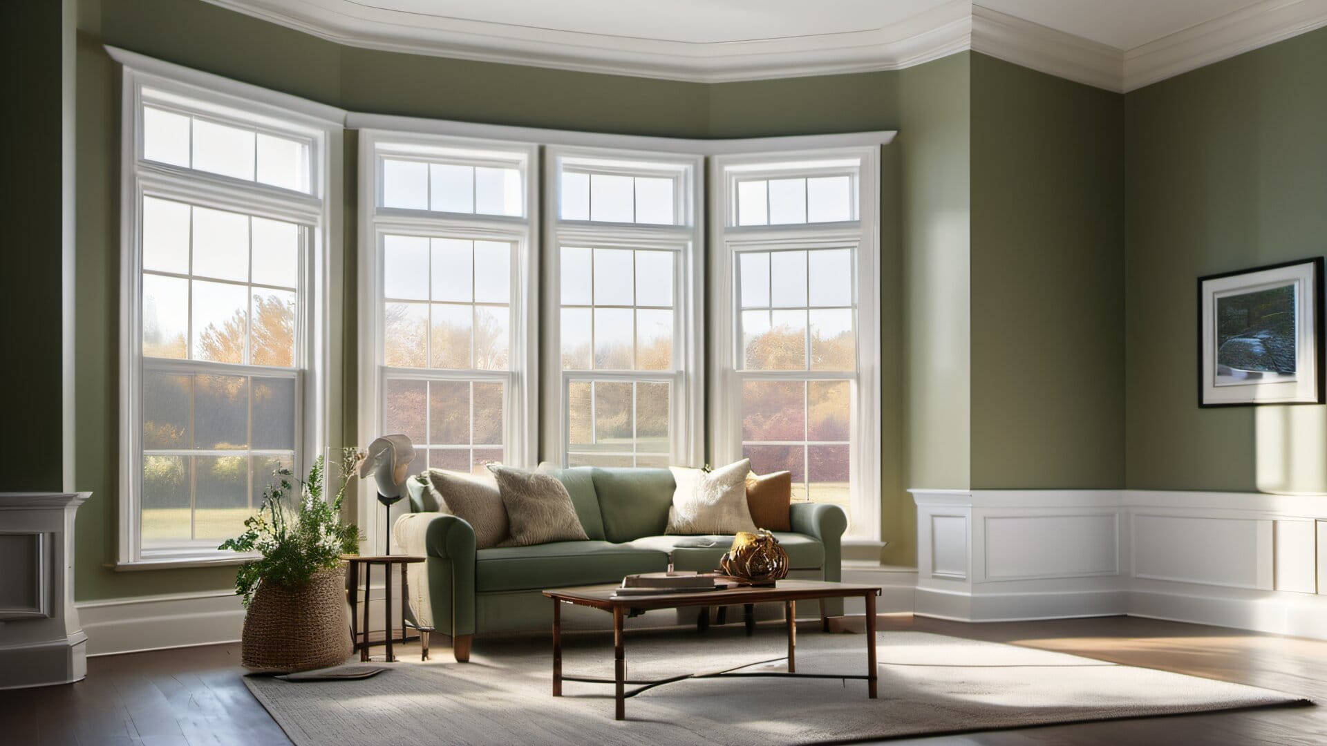 Freshly painted living room with open windows and fan for ventilation, winter light streaming through sheer curtains
