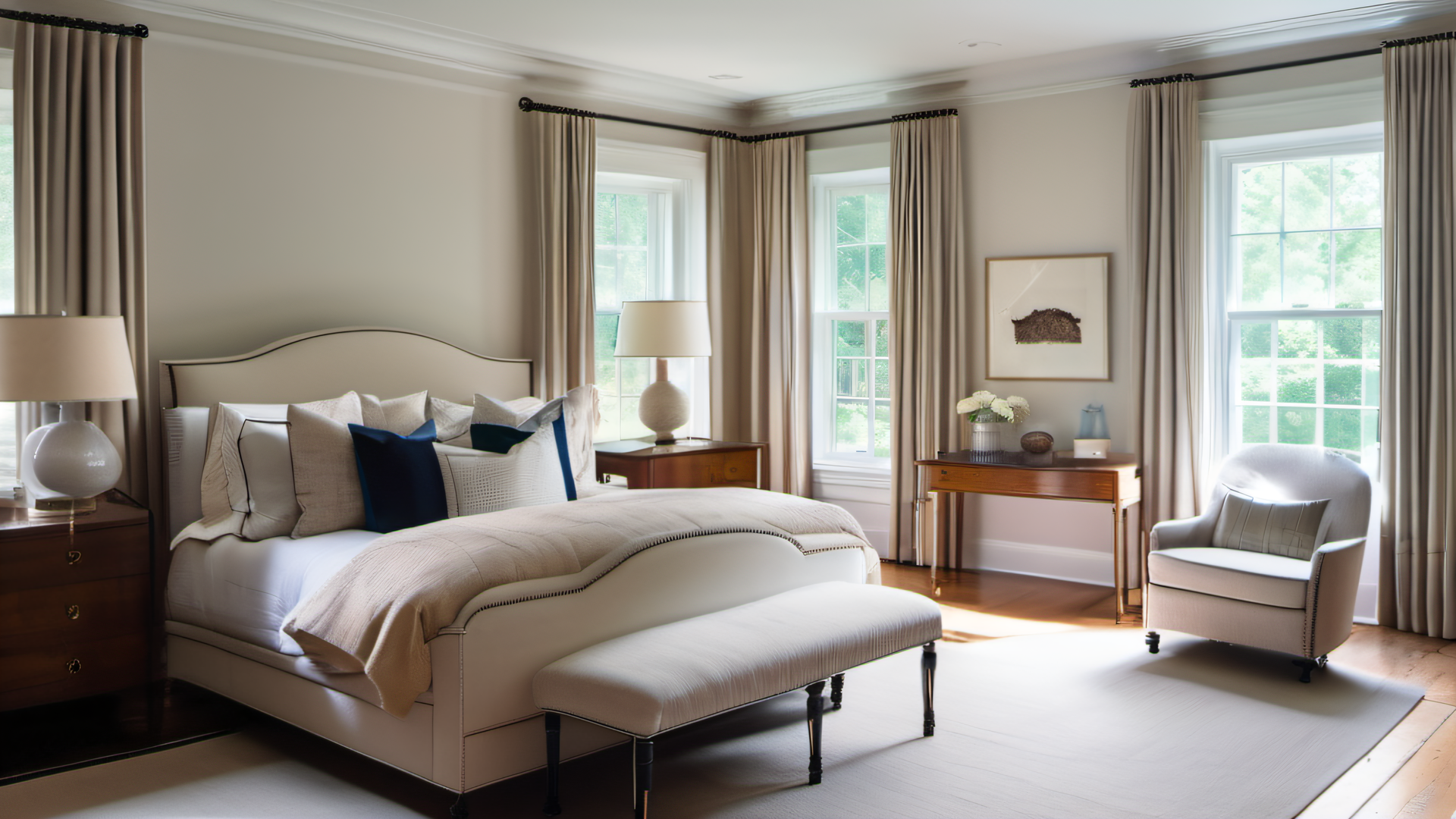 Bright luxury master bedroom interior in a Wellesley Massachusetts colonial home, smooth white painted walls, original crown molding, tall windows with natural light, neutral linen bedding