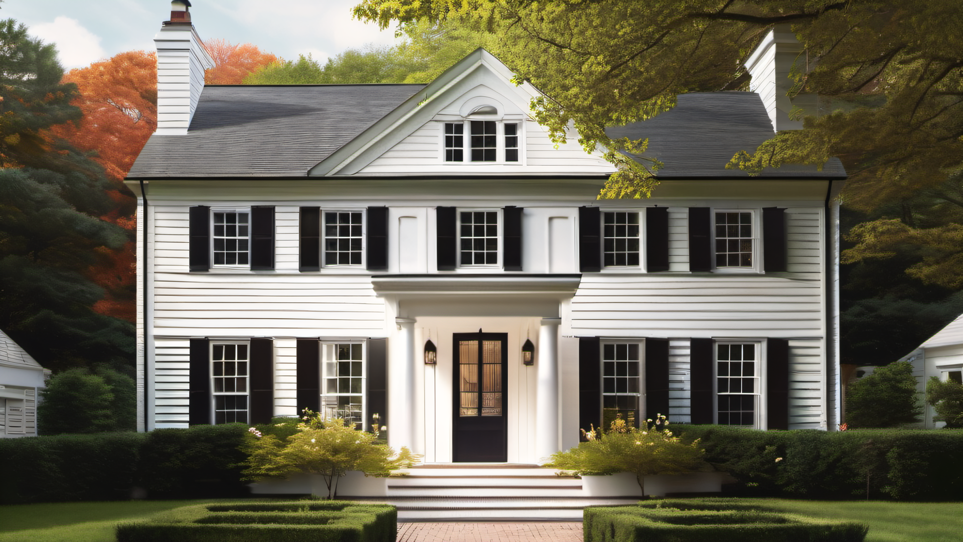 $2M Wellesley Massachusetts colonial home exterior, white clapboard siding, black shutters, manicured hedges, mature trees, spring afternoon light