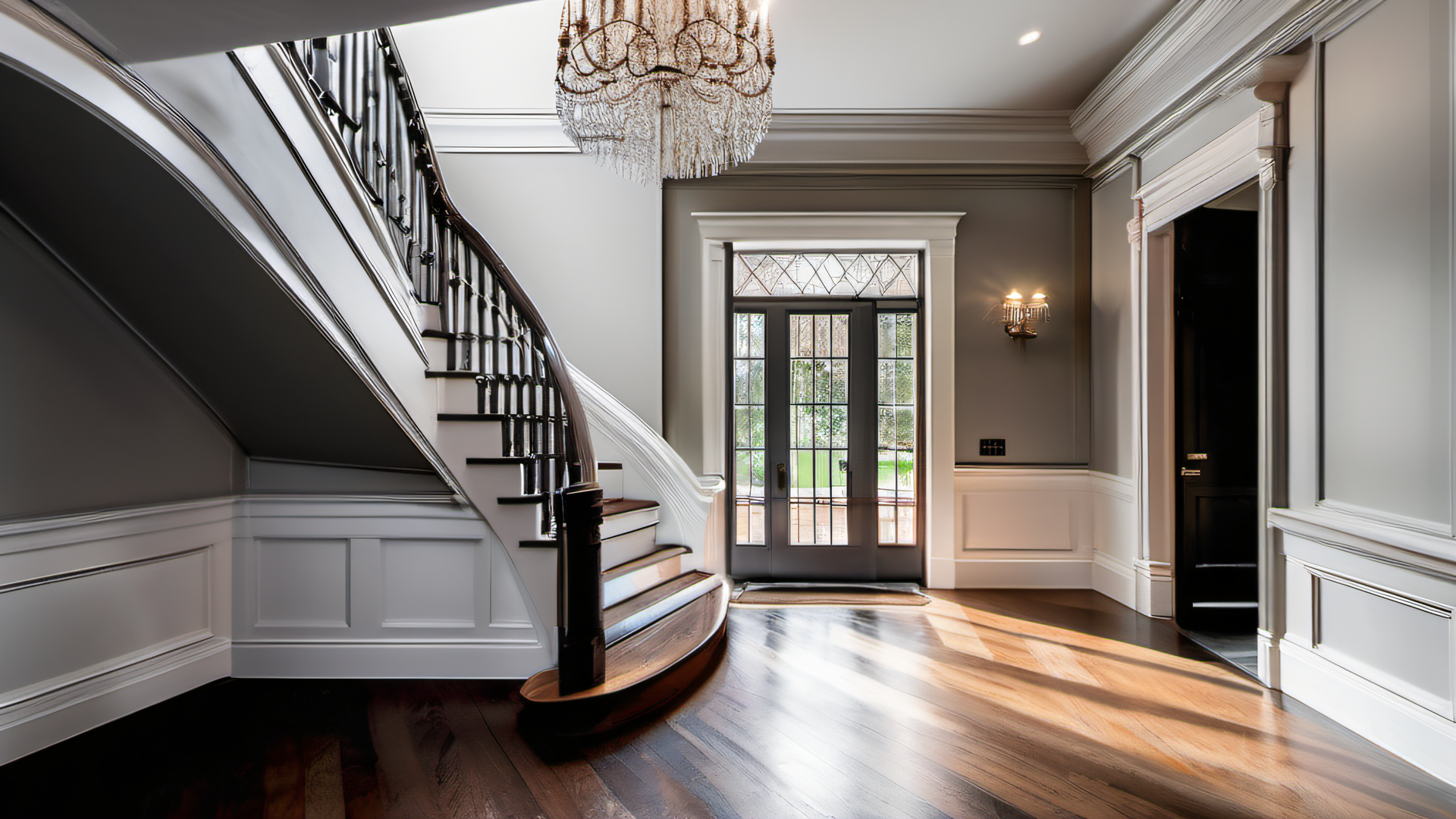 Grand entry foyer of a $2M Wellesley Massachusetts colonial home, curved staircase, chandelier, white wainscoting, dark hardwood floors, natural light through sidelights