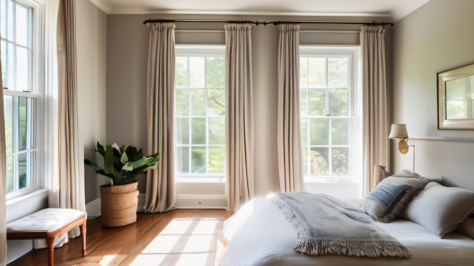 Bright serene bedroom interior after popcorn ceiling removal, smooth painted white ceiling, tall windows with natural light, New England colonial home, MetroWest Boston