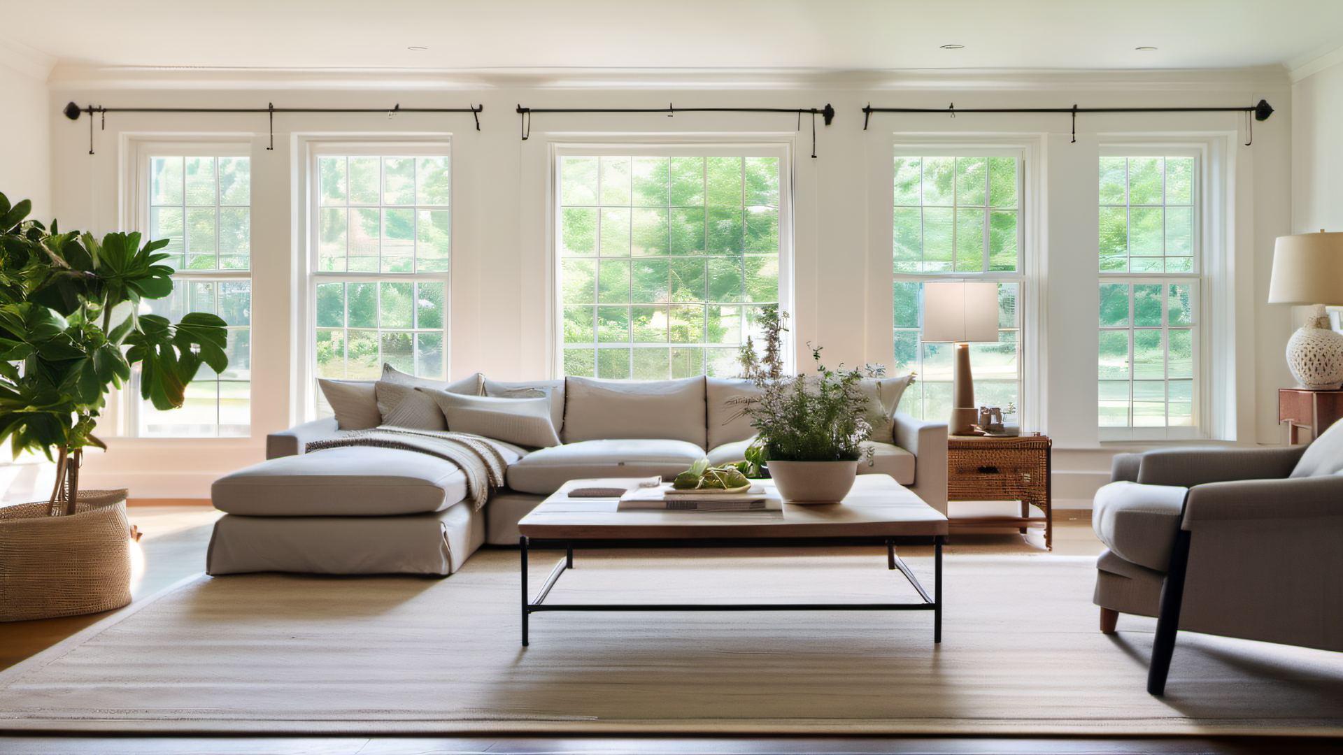 Bright airy living room after popcorn ceiling removal, smooth white ceiling, natural light through large windows, New England colonial home MetroWest Boston