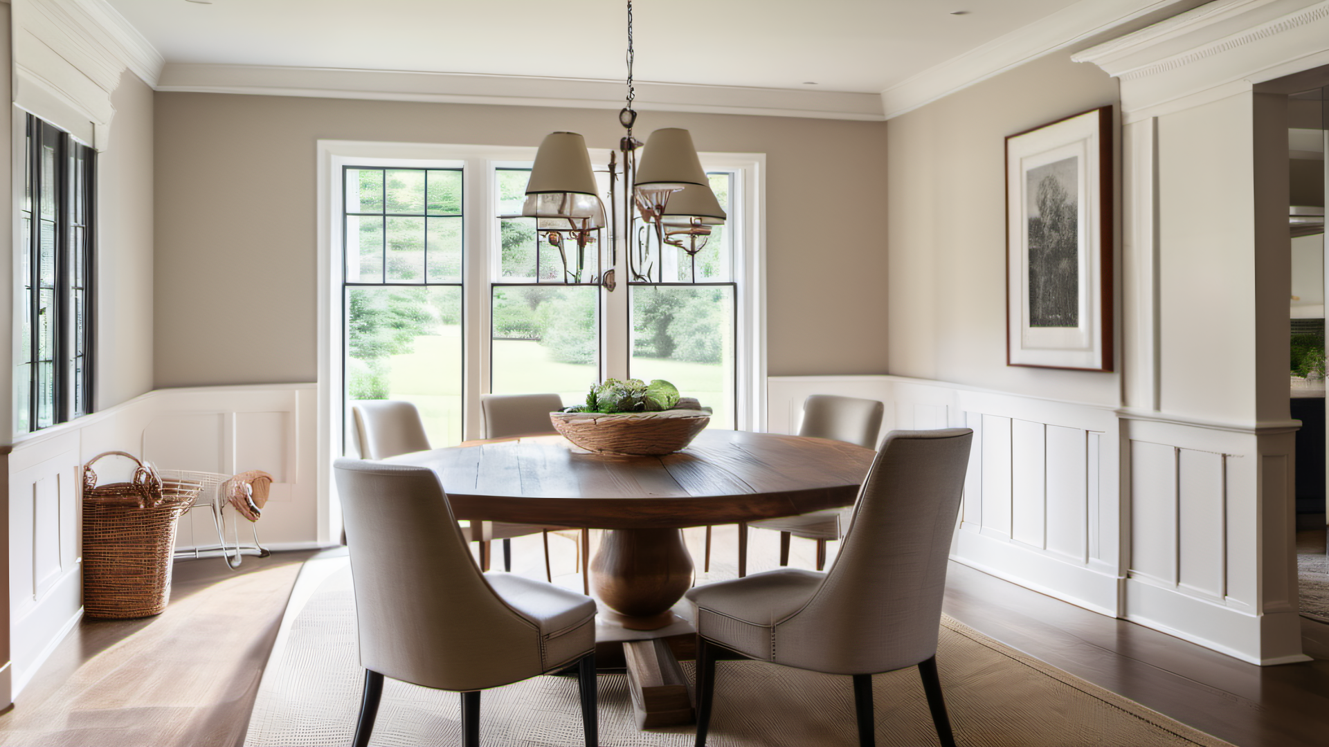 Elegant colonial dining room with smooth painted ceiling, wainscoting, chandelier, garden view windows, warm natural light, MetroWest Boston interior