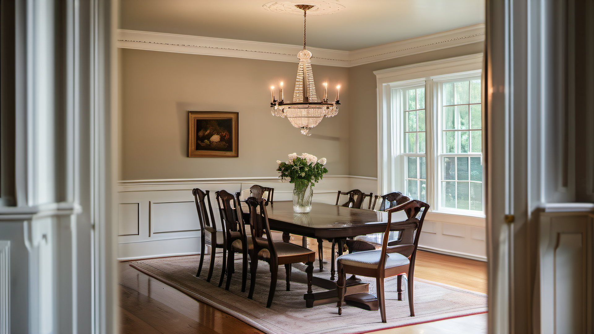 Bright airy living room interior of a New England colonial home after popcorn ceiling removal, smooth white ceiling, natural light through large windows, MetroWest Boston