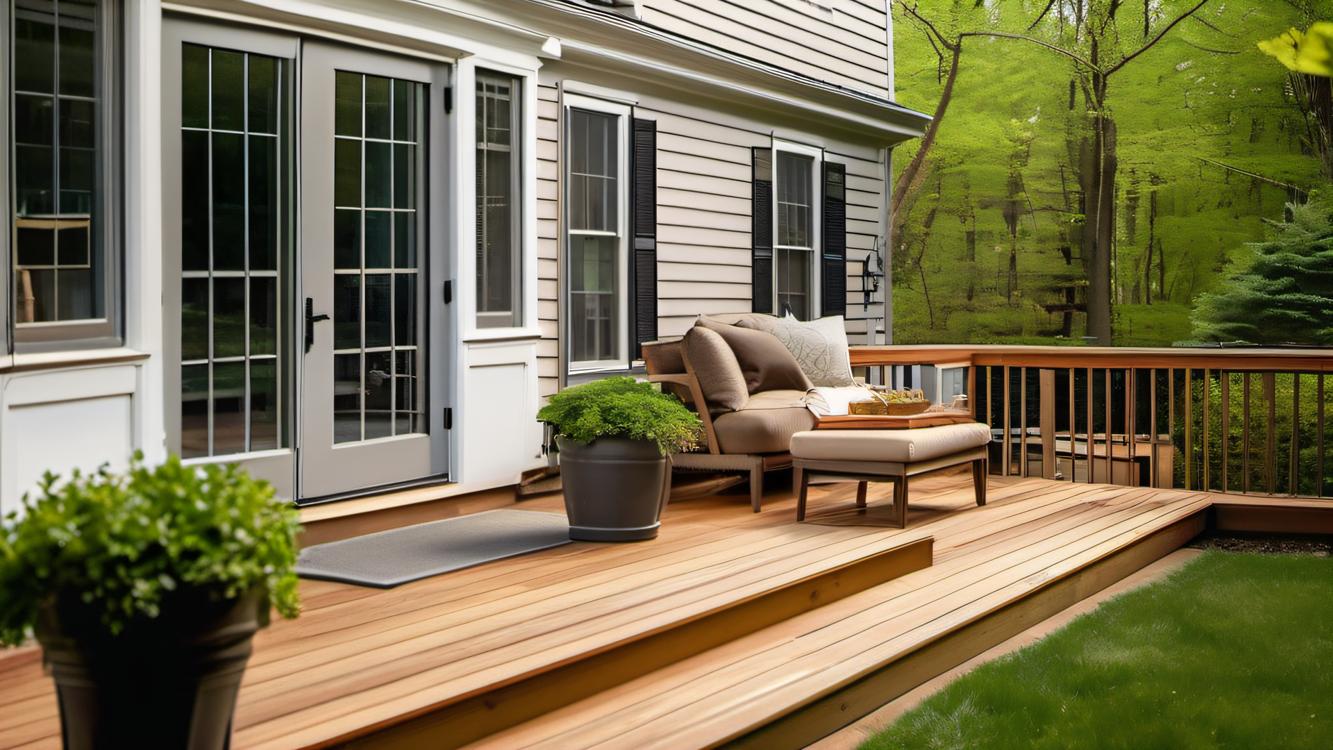 Clean cedar deck on a New England colonial home with outdoor furniture, spring green trees, MetroWest Boston, ready for staining after pressure washing