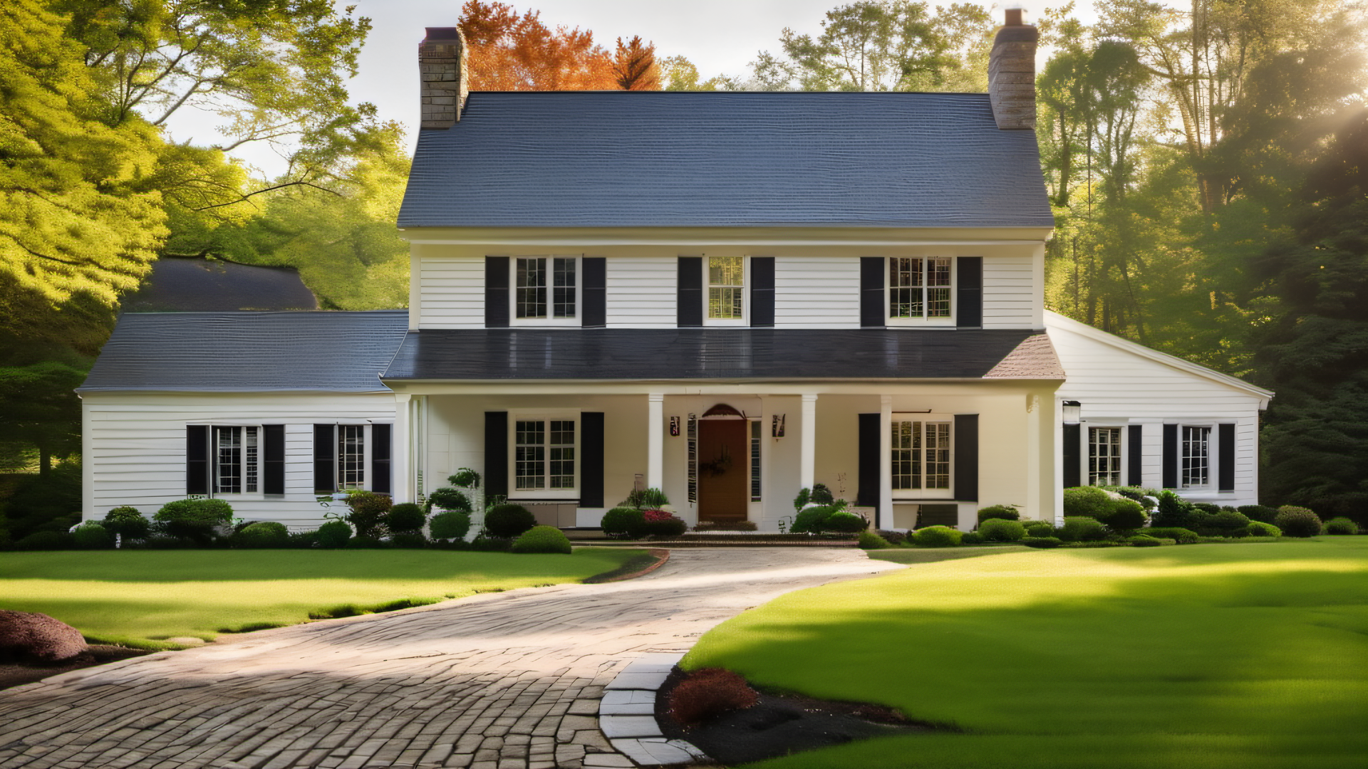 New England colonial home with clean stone driveway and brick walkway after spring washing, lush green lawn, mature trees, MetroWest Boston