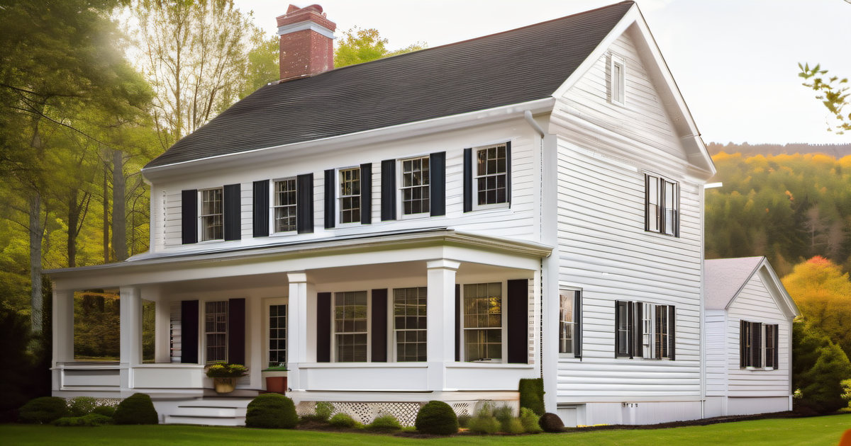 Clean bright white vinyl siding glistening after spring pressure washing on a New England colonial home, fresh green spring foliage, MetroWest Boston