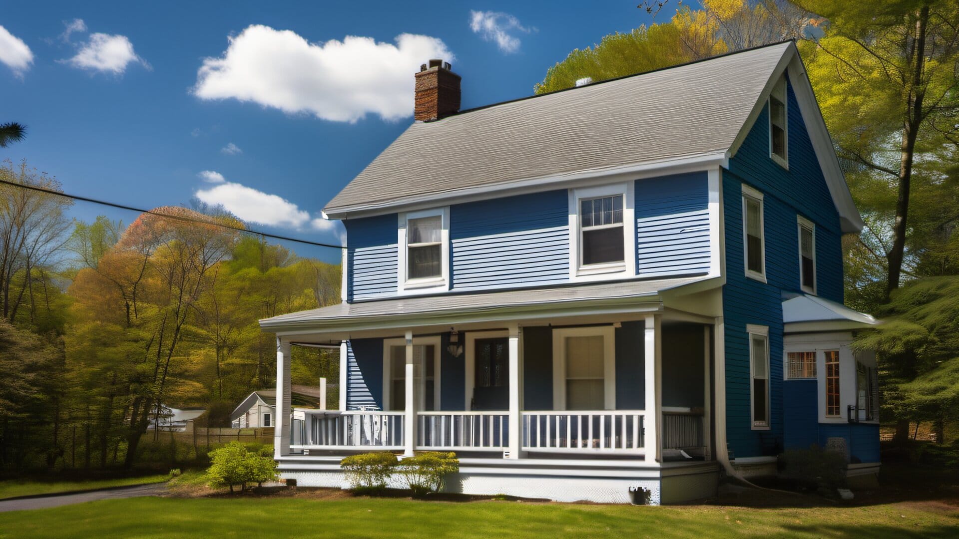 New England colonial home with scaffold and painting equipment set up for spring exterior painting project