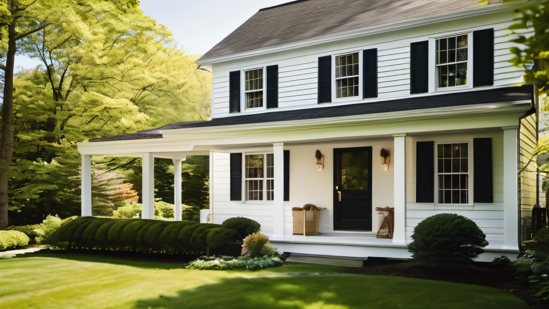New England colonial home with clean bright siding after spring pressure washing, black shutters, spring landscaping, MetroWest Boston