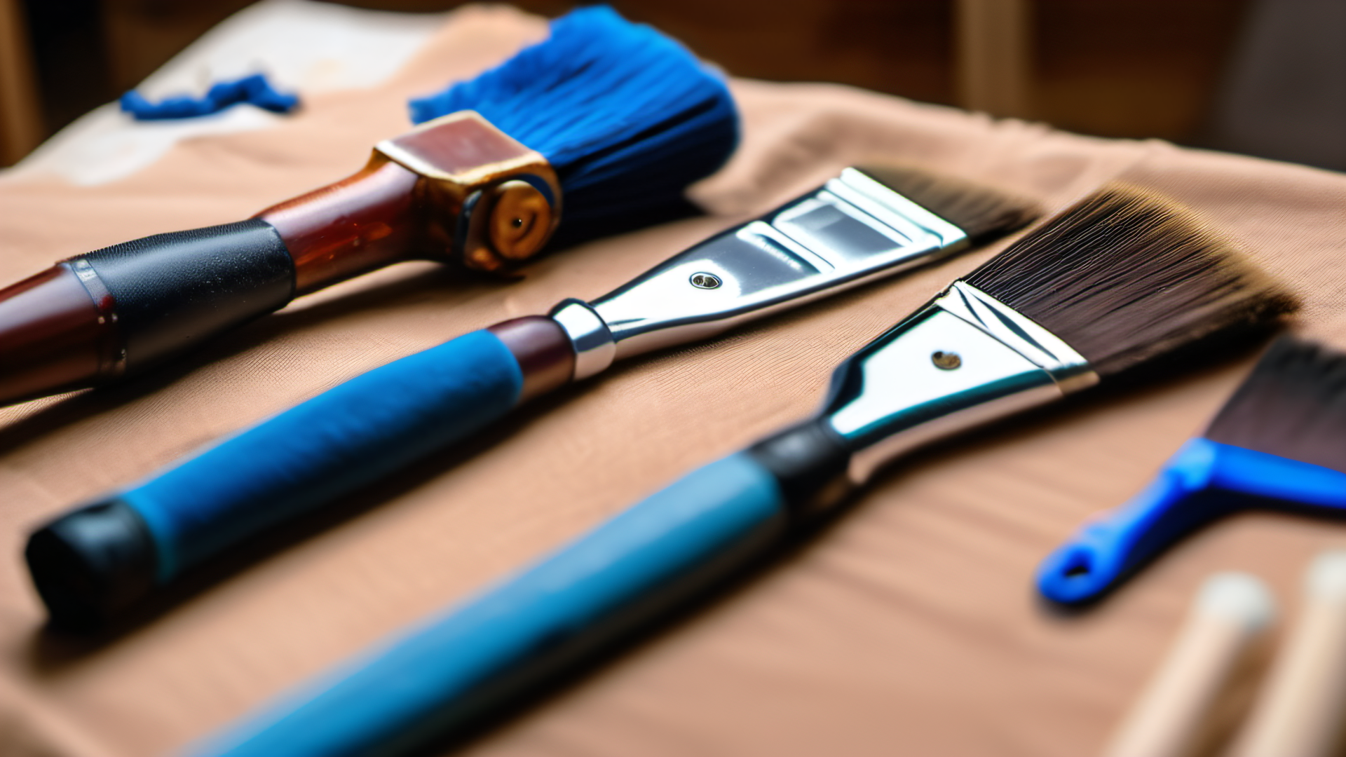 Professional angled sash brushes, foam roller, and blue painter tape arranged on a canvas drop cloth, warm workshop light