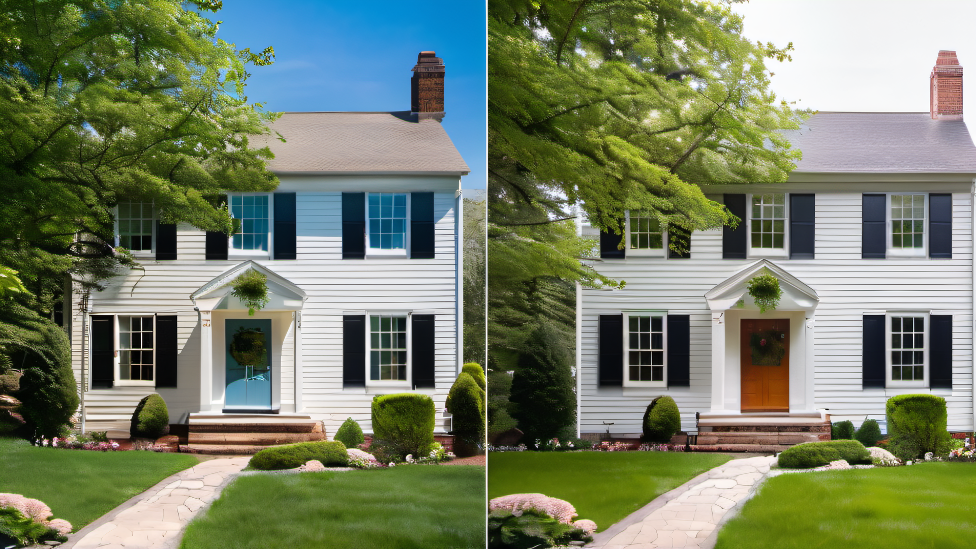 Side-by-side comparison of faded chalky vinyl siding versus freshly painted white siding on a New England colonial home, MetroWest Boston