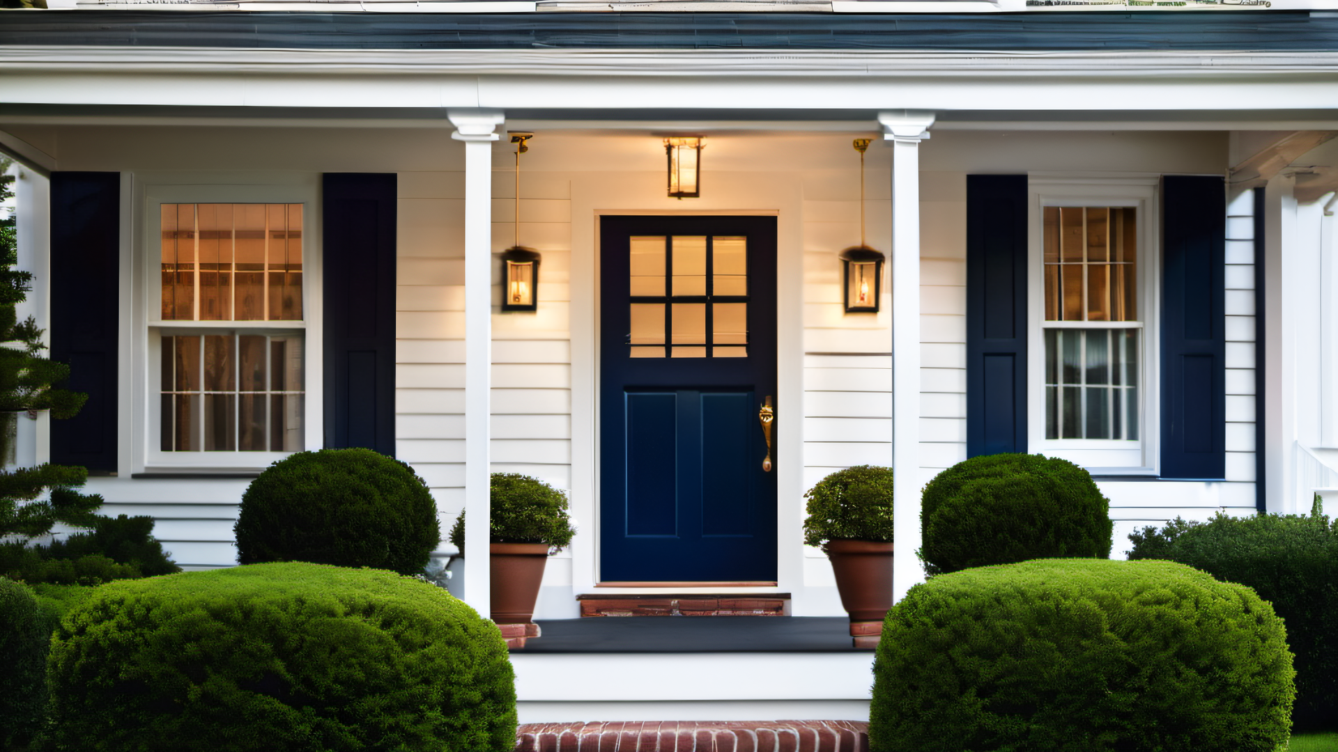 White New England colonial home entry with navy blue door, lantern sconces, boxwood topiaries, freshly painted clapboard siding, MetroWest Boston curb appeal