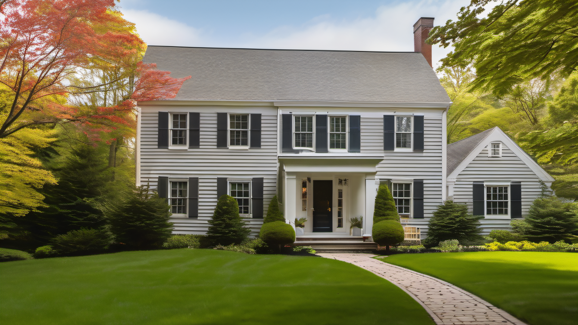 MetroWest Boston colonial home with freshly painted light gray vinyl siding, black shutters, spring landscaping, Architectural Digest quality