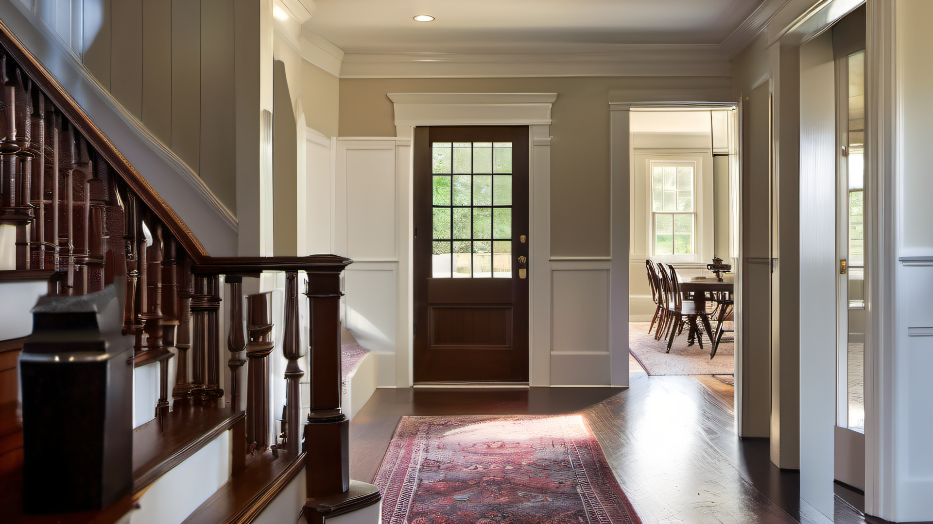 Bright elegant New England colonial living room with freshly painted warm white walls after wallpaper removal, built-in bookshelves, fireplace, natural morning light, MetroWest Boston interior