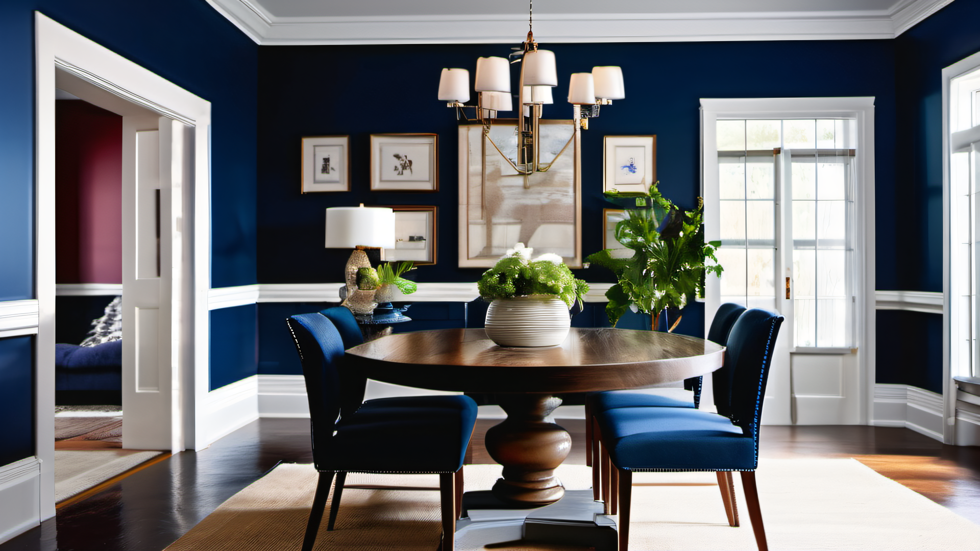 Elegant navy blue accent wall in a New England colonial dining room, white trim and wainscoting, chandelier, round wood dining table, natural light, MetroWest Boston interior