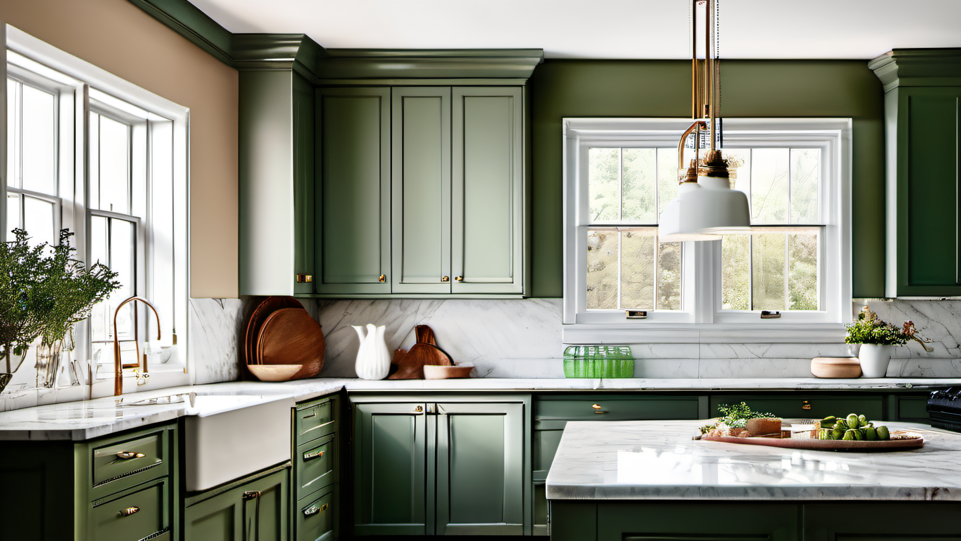 Freshly painted forest green kitchen cabinets and warm white walls in a New England colonial home, marble countertops, gold hardware, morning light, MetroWest Boston interior