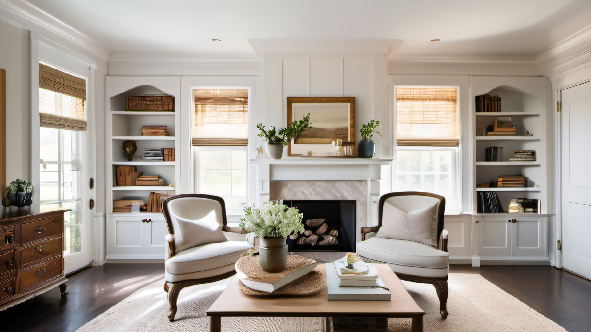 Bright elegant New England colonial living room with freshly painted white walls after wallpaper removal, built-in bookshelves, fireplace, natural morning light, MetroWest Boston