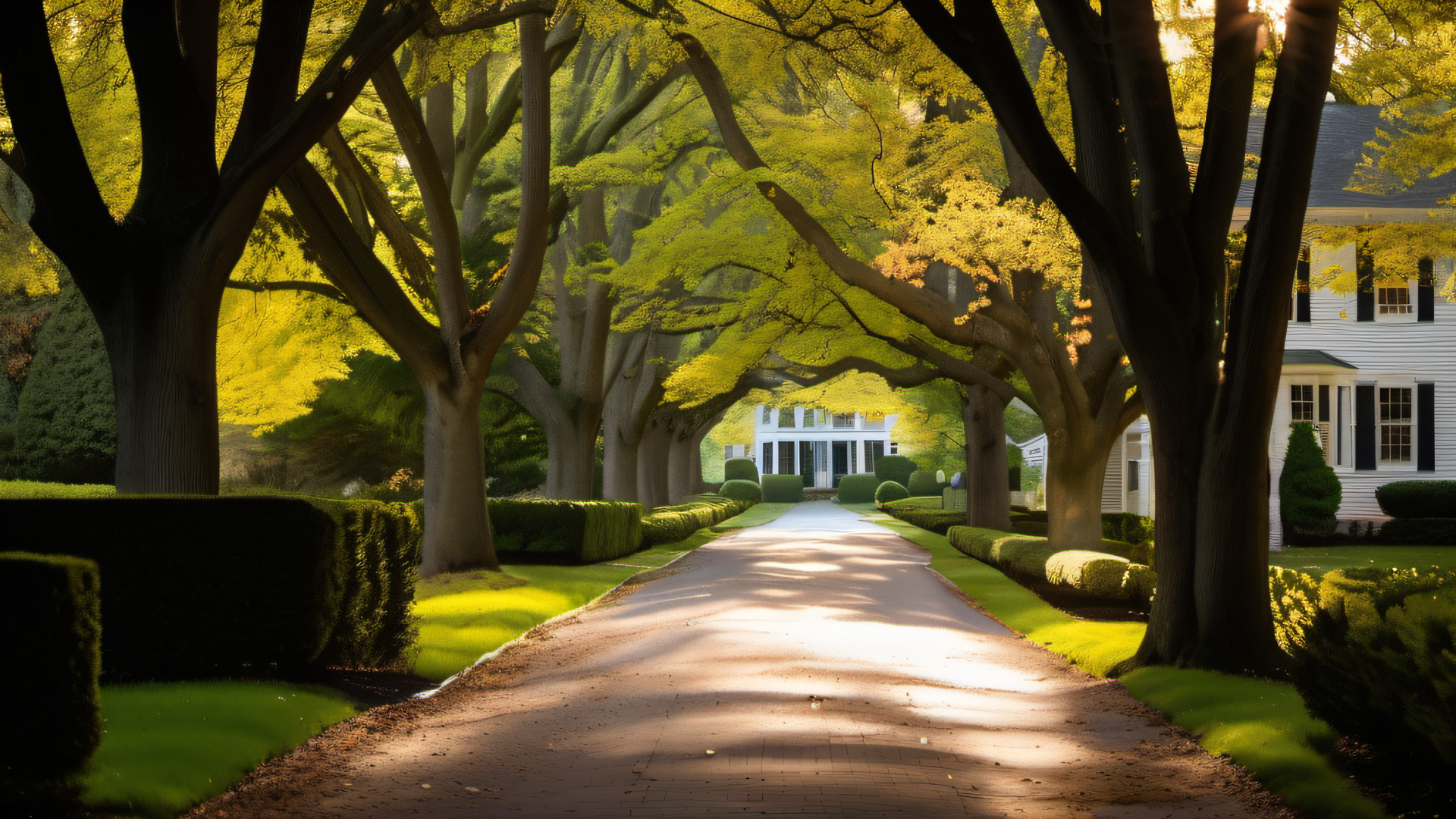$2M Wellesley Massachusetts colonial home exterior, white clapboard siding, black shutters, manicured boxwood hedges, brick walkway, mature trees, spring afternoon light