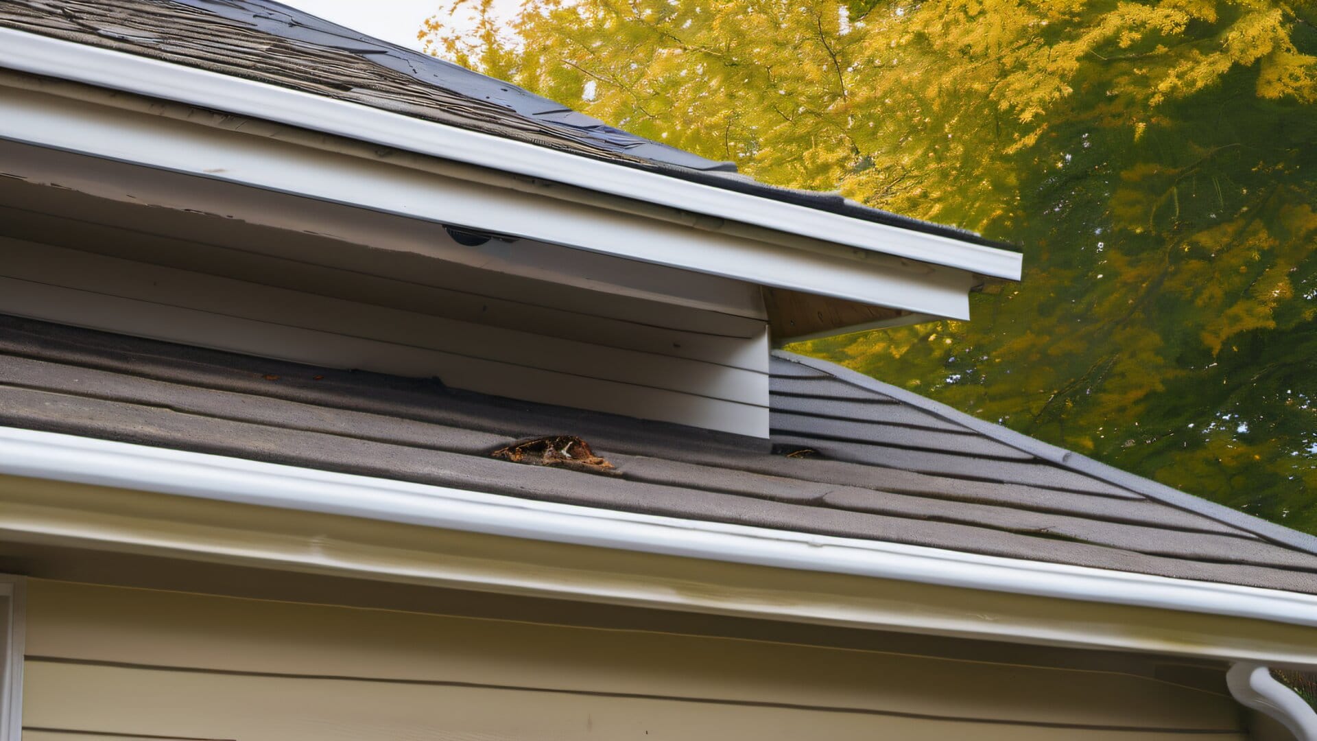 Fascia board and soffit showing water stain damage and paint peeling from ice dam moisture on a New England home