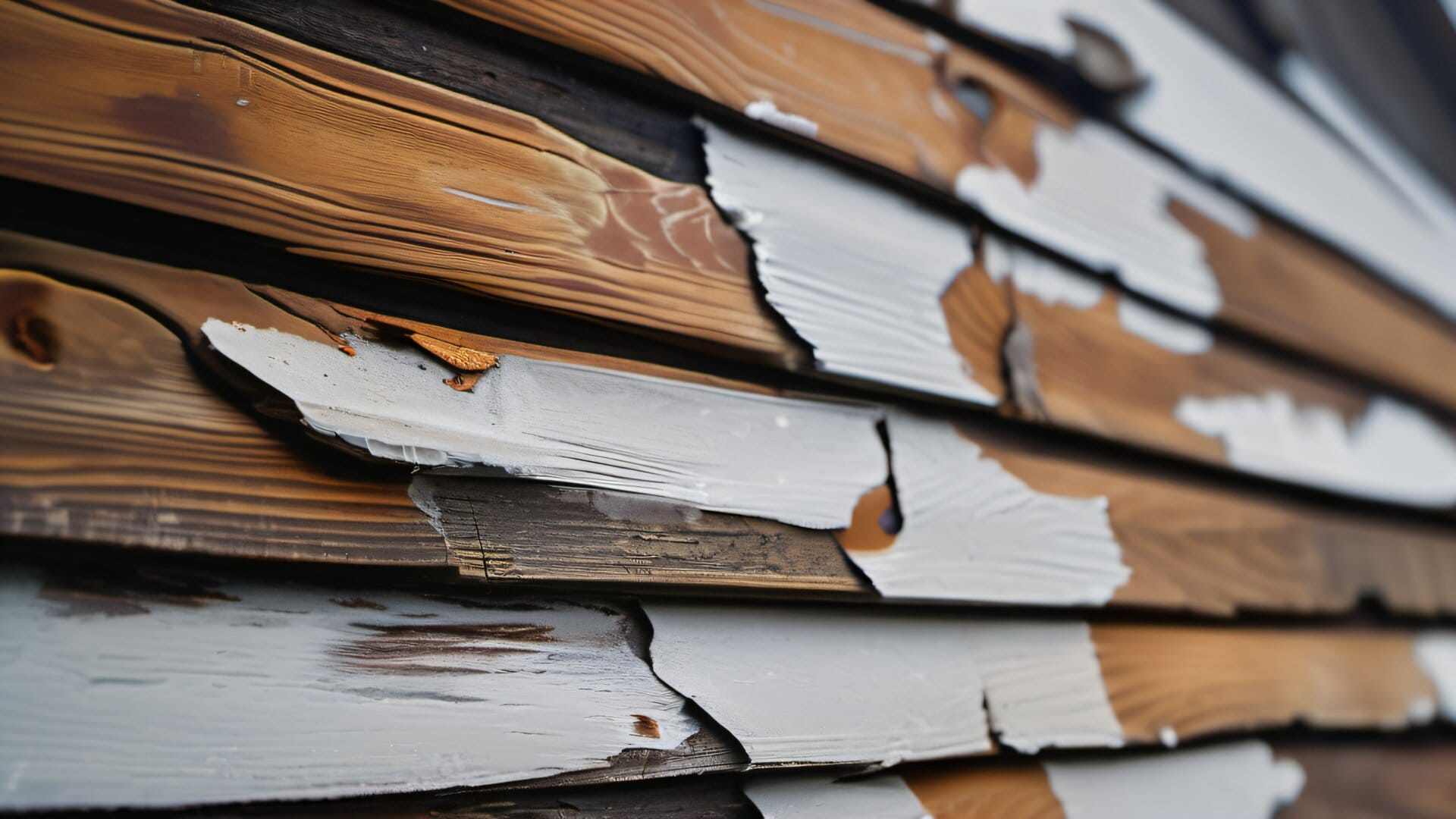 Close-up of peeling and cracking white paint on wood clapboard siding after a harsh New England winter