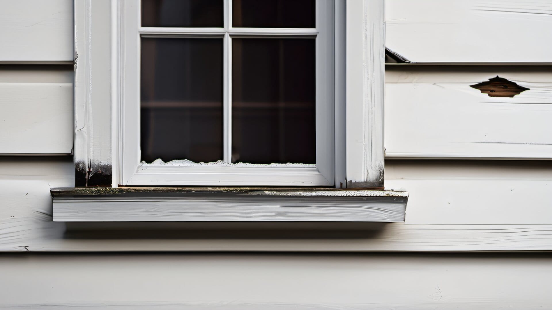 Cracked caulk and peeling paint around window trim on a New England colonial after winter freeze-thaw cycles