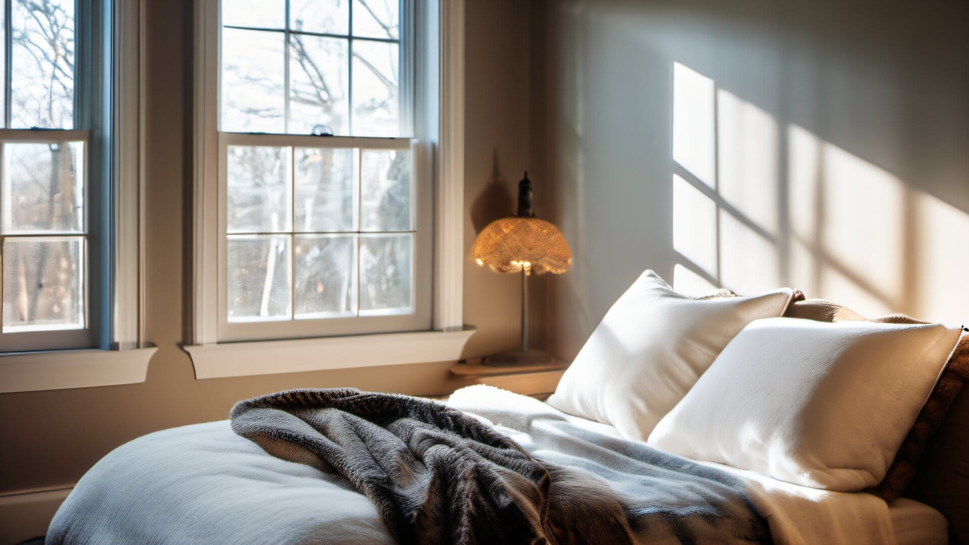 Freshly painted bedroom in soft white with winter light through frosted windows in a MetroWest colonial home