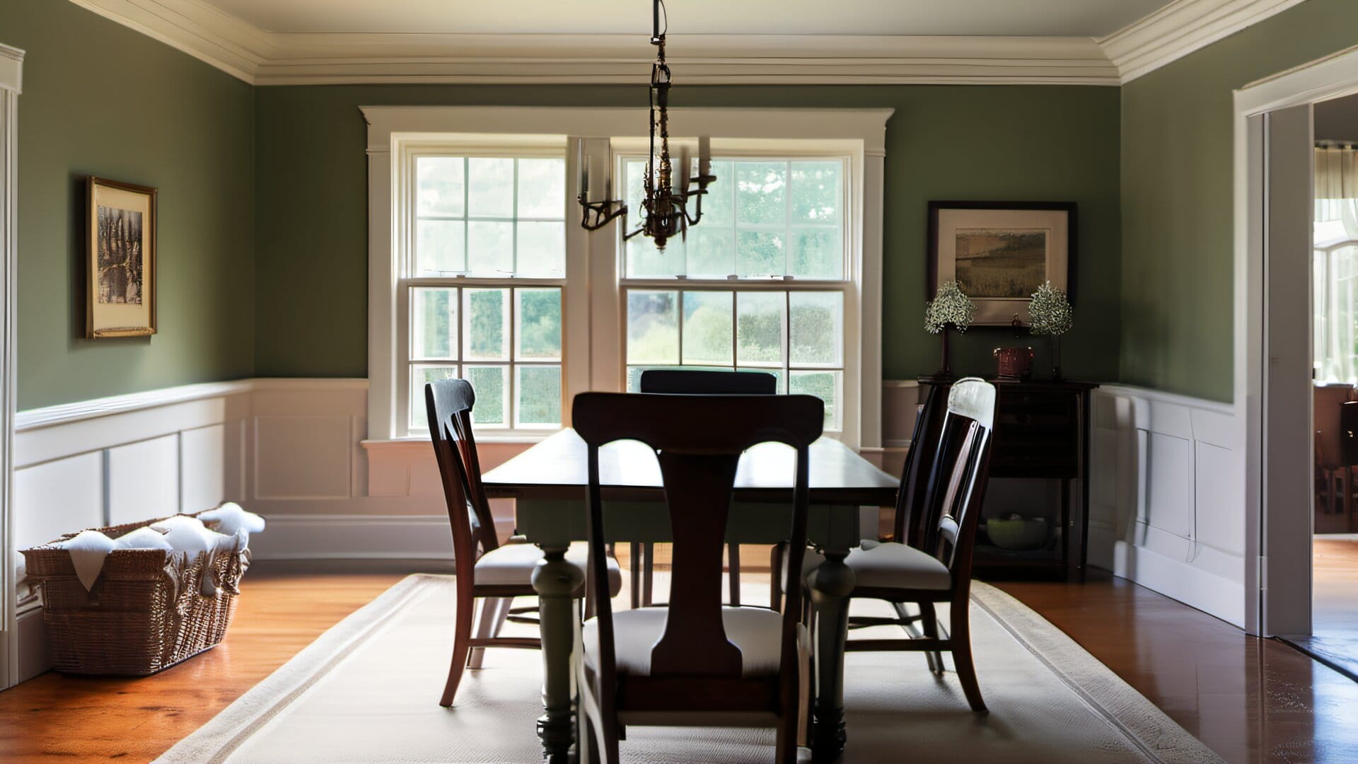 Elegant dining room with sage green walls and white wainscoting in a New England colonial, winter light through windows