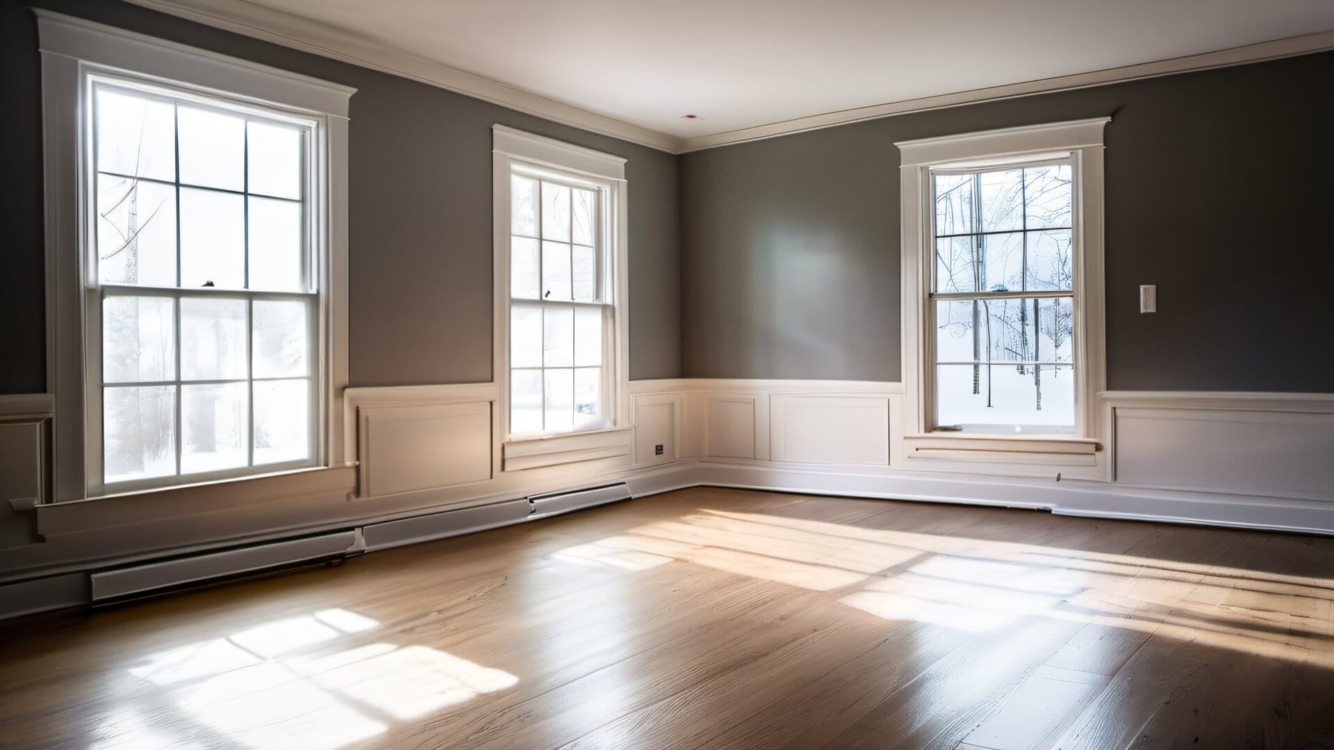 Freshly painted living room with warm gray walls and white wainscoting, winter light streaming through colonial windows