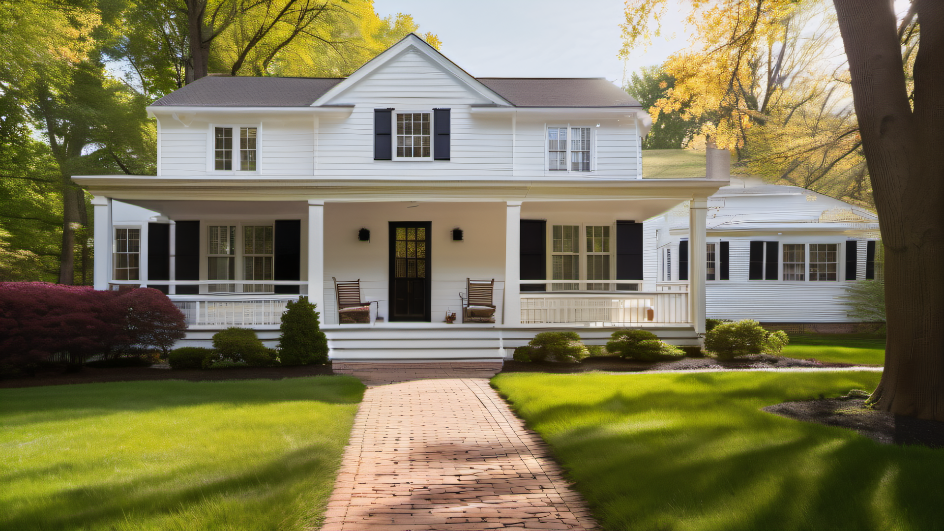 Multi-unit New England colonial rental property with freshly painted white clapboard exterior, spring morning light, MetroWest Boston