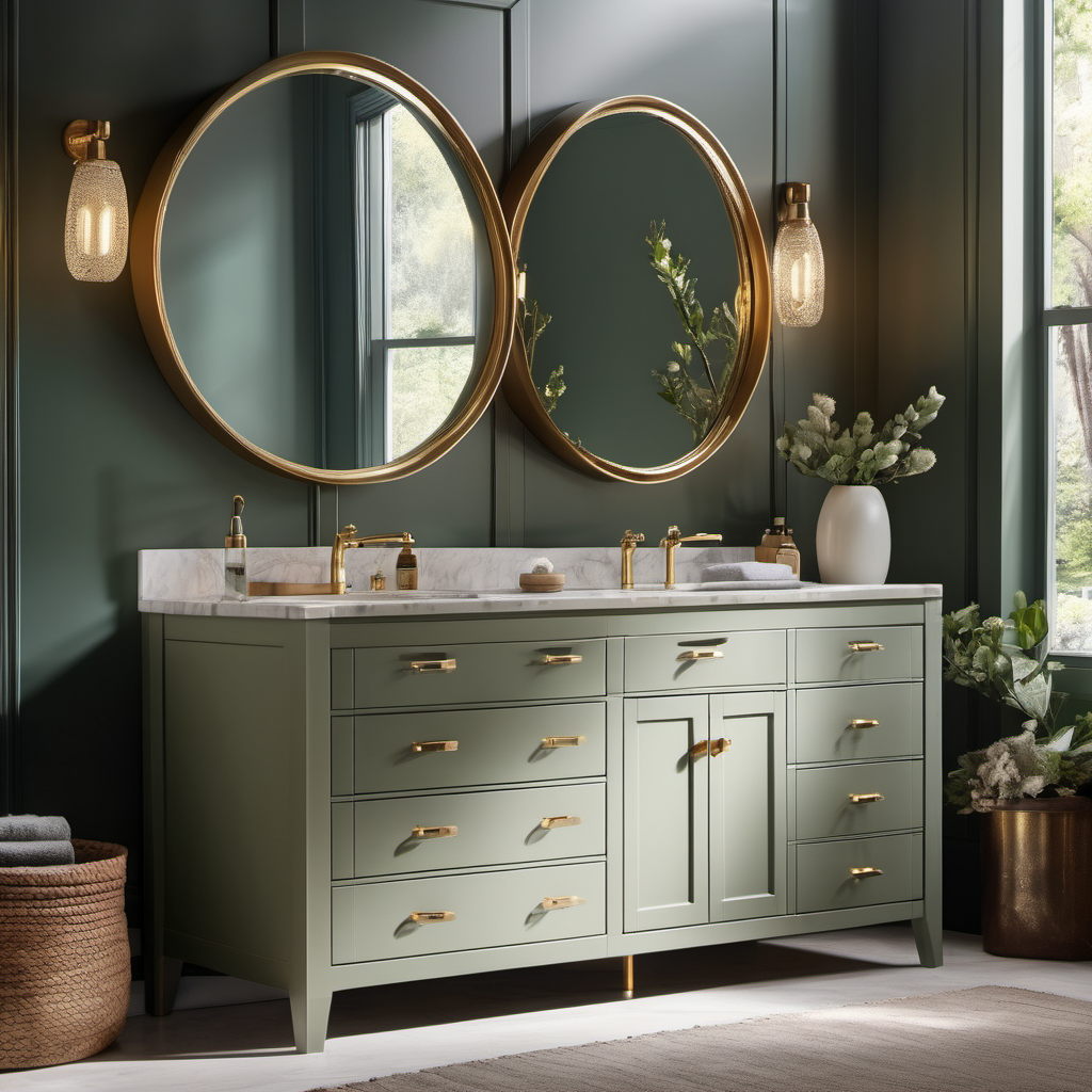 Sage green vanity in a colonial bathroom with brass hardware and warm white trim