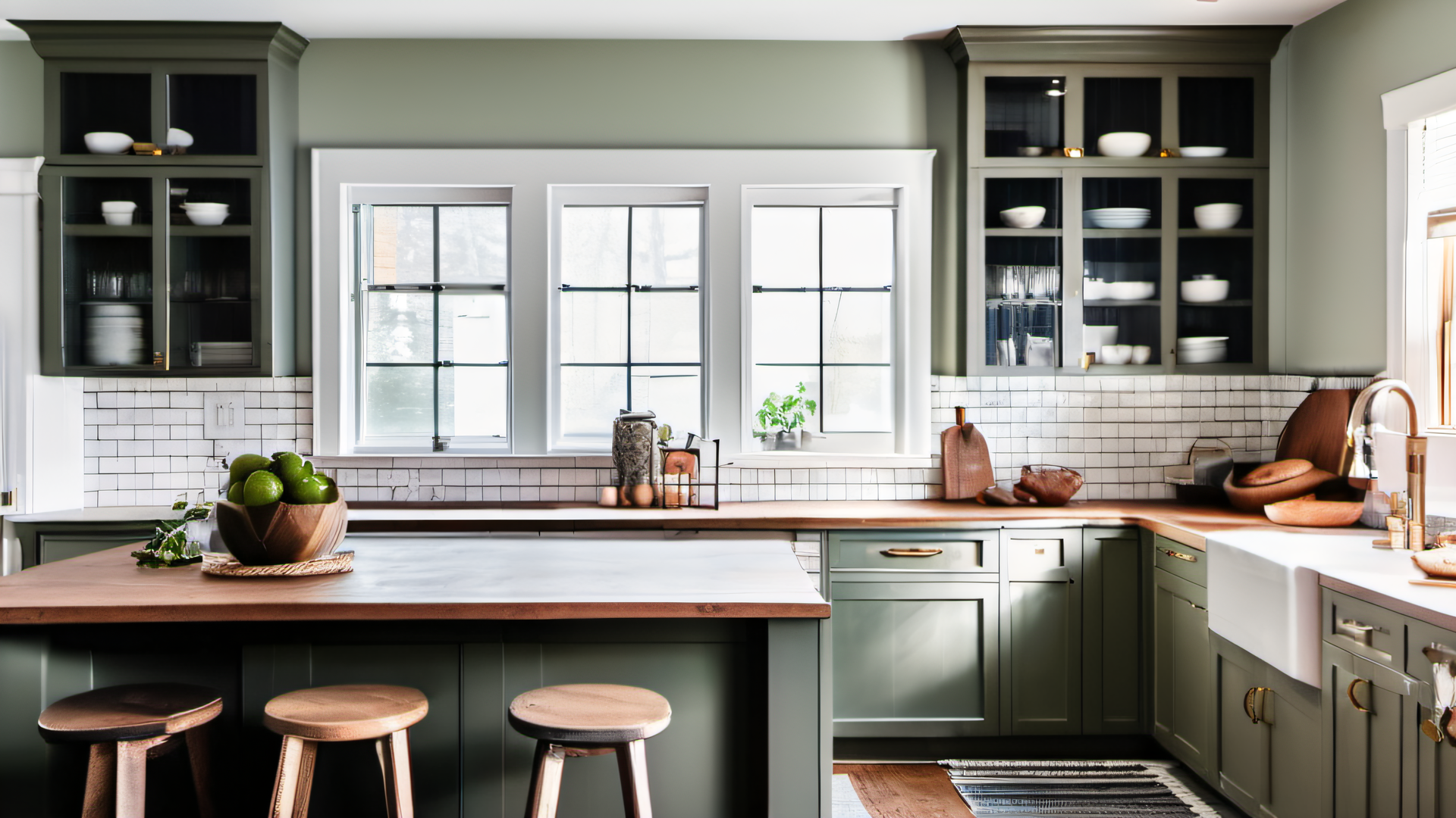 Refinished sage green kitchen cabinets with white countertops and subway tile in a MetroWest colonial home, natural window light