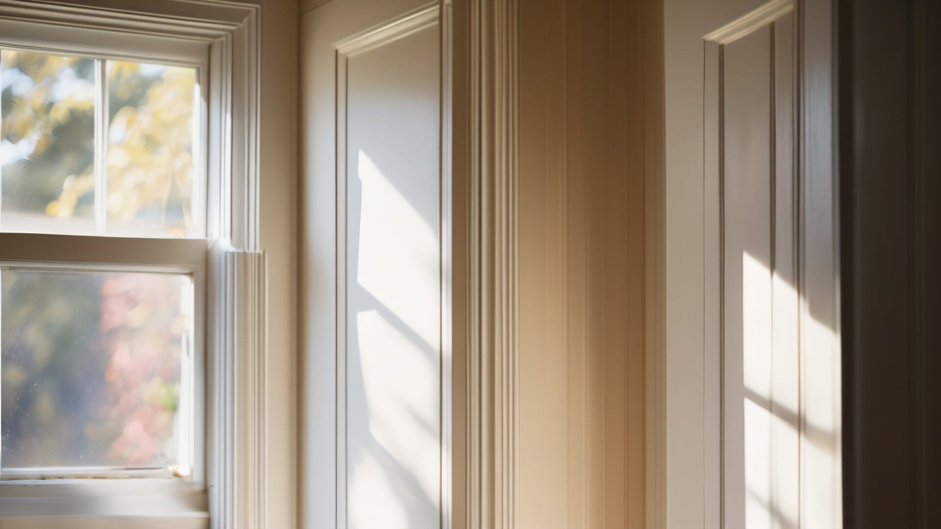 Warm afternoon light revealing subtle paint color difference on colonial interior wall with white crown molding in a MetroWest Boston home