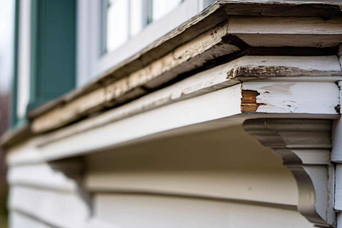 Wood rot on exterior window sill of a Holliston colonial home