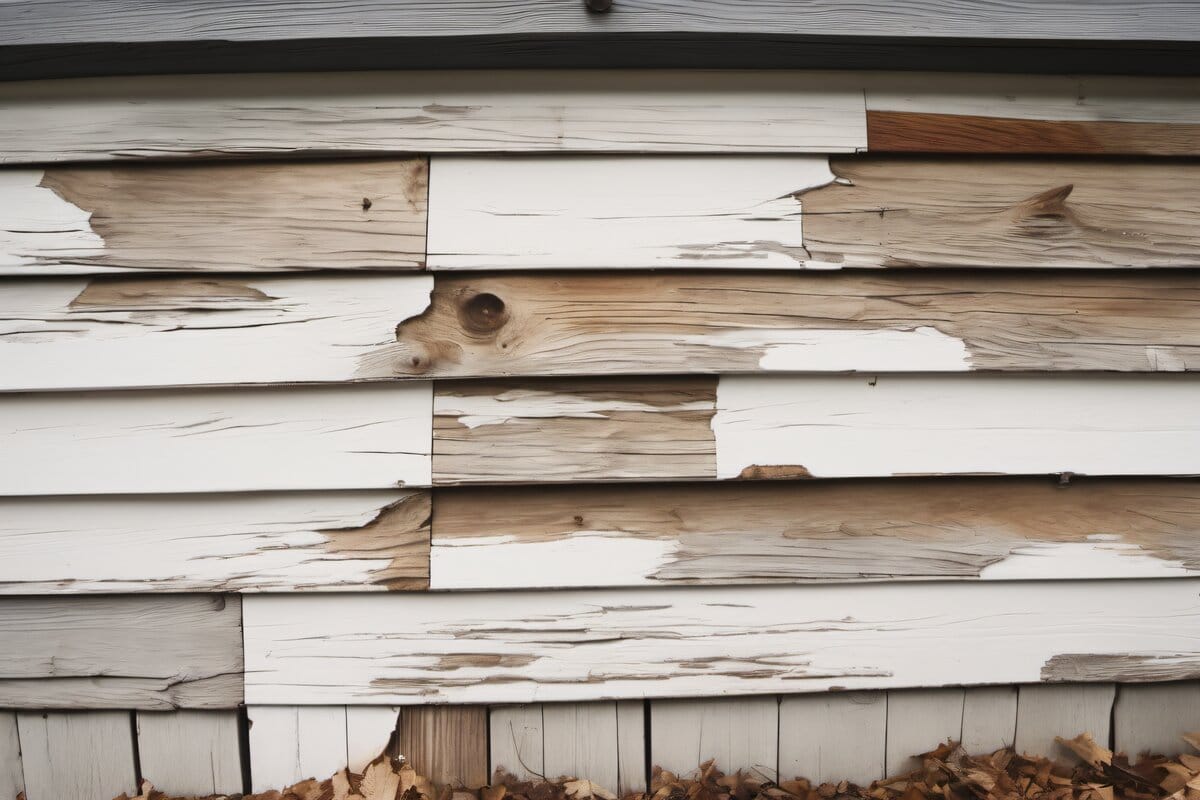 Peeling and chalking paint on exterior clapboard siding being prepped