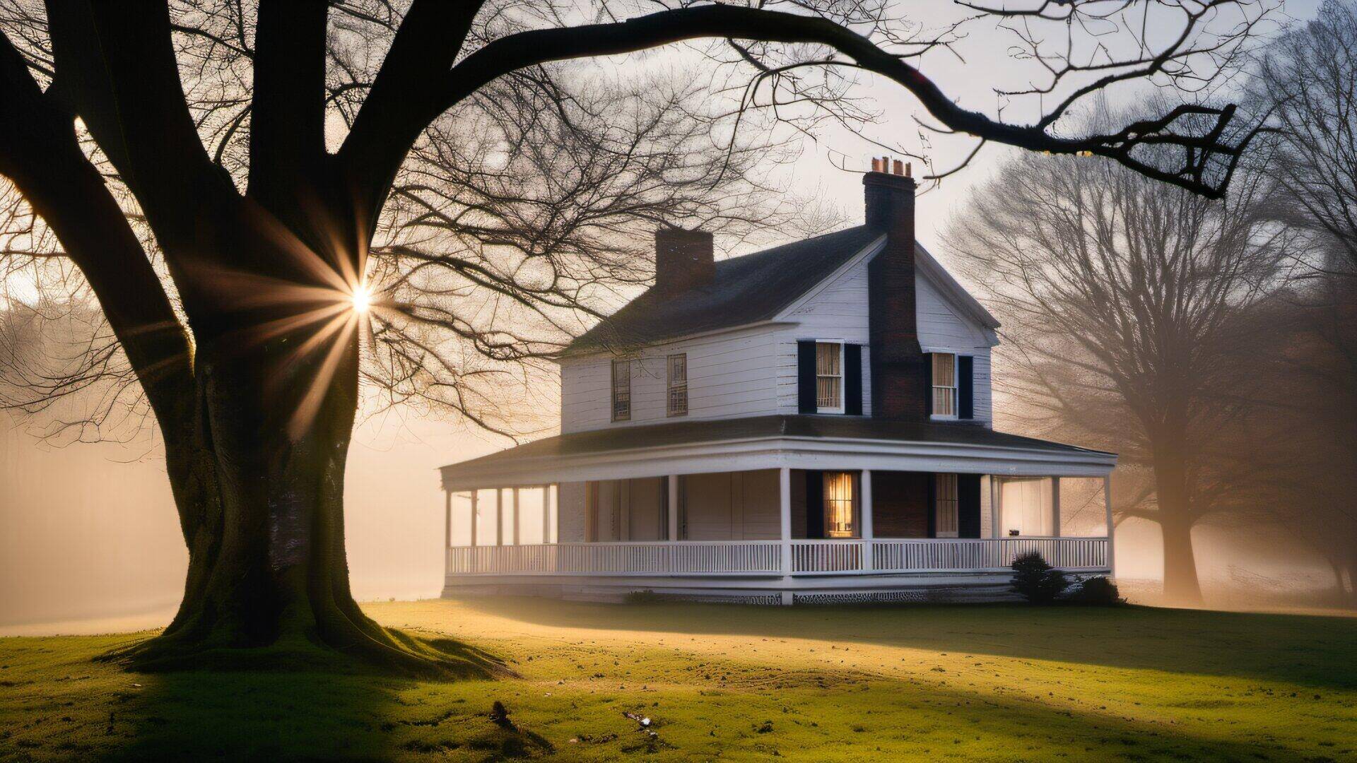 New England colonial home on a misty spring morning with dew on clapboard siding