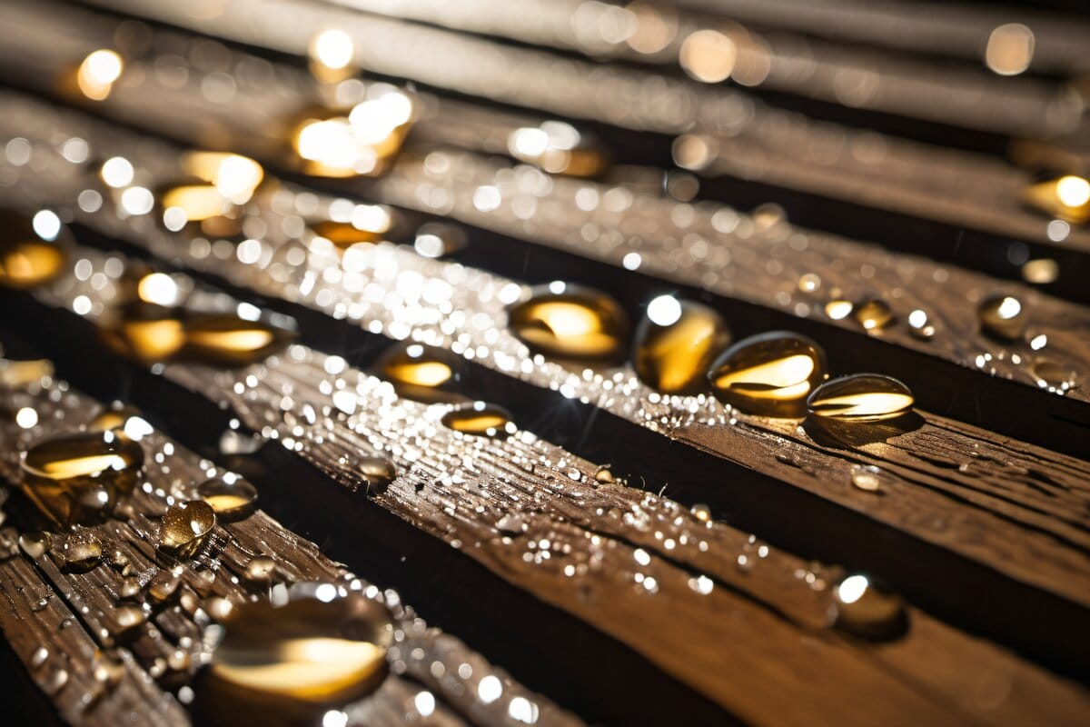 Rain droplets on freshly painted exterior wood surface