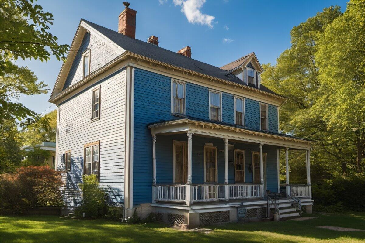 Colonial home exterior with painting equipment on a clear warm spring day