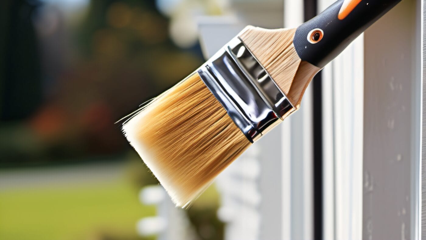 Exterior paint brush applying fresh latex coat to white colonial trim in Holliston Massachusetts, soft overcast natural light