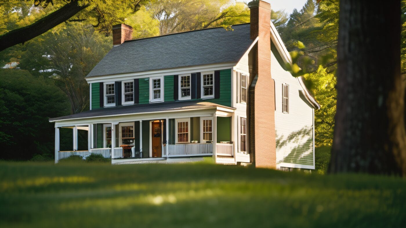 Freshly painted green colonial home with white trim in a Massachusetts neighborhood, mature trees, warm afternoon light
