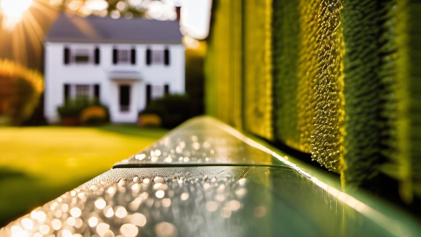 Morning dew condensation on painted clapboard siding of a colonial home in Holliston Massachusetts, golden hour light